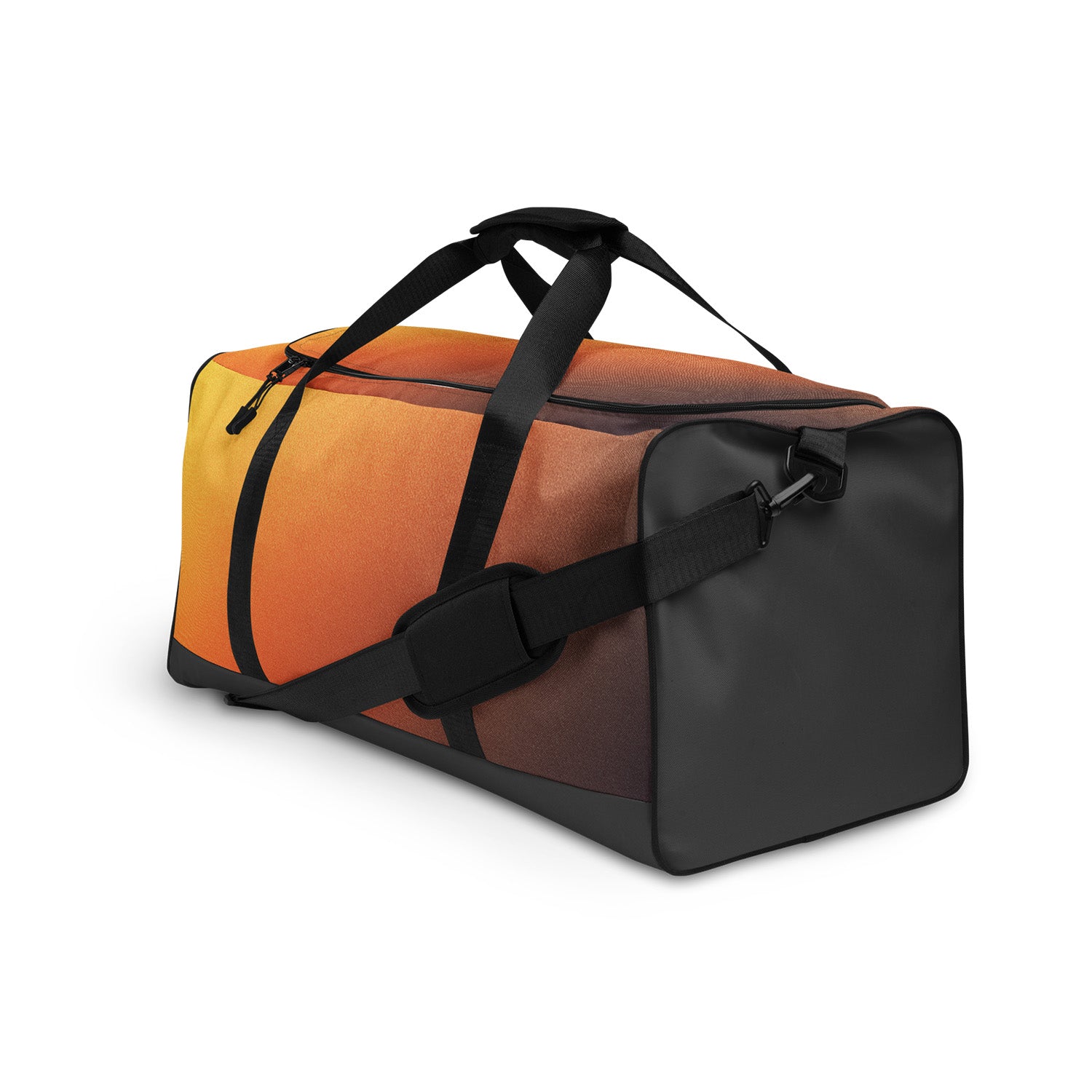Orange and black duffel bag on a white background