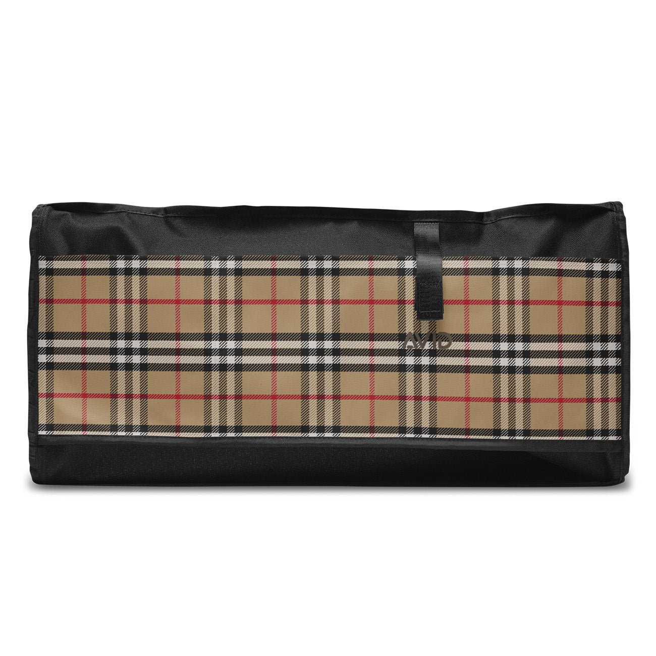 Plaid patterned bag with black border on a white background