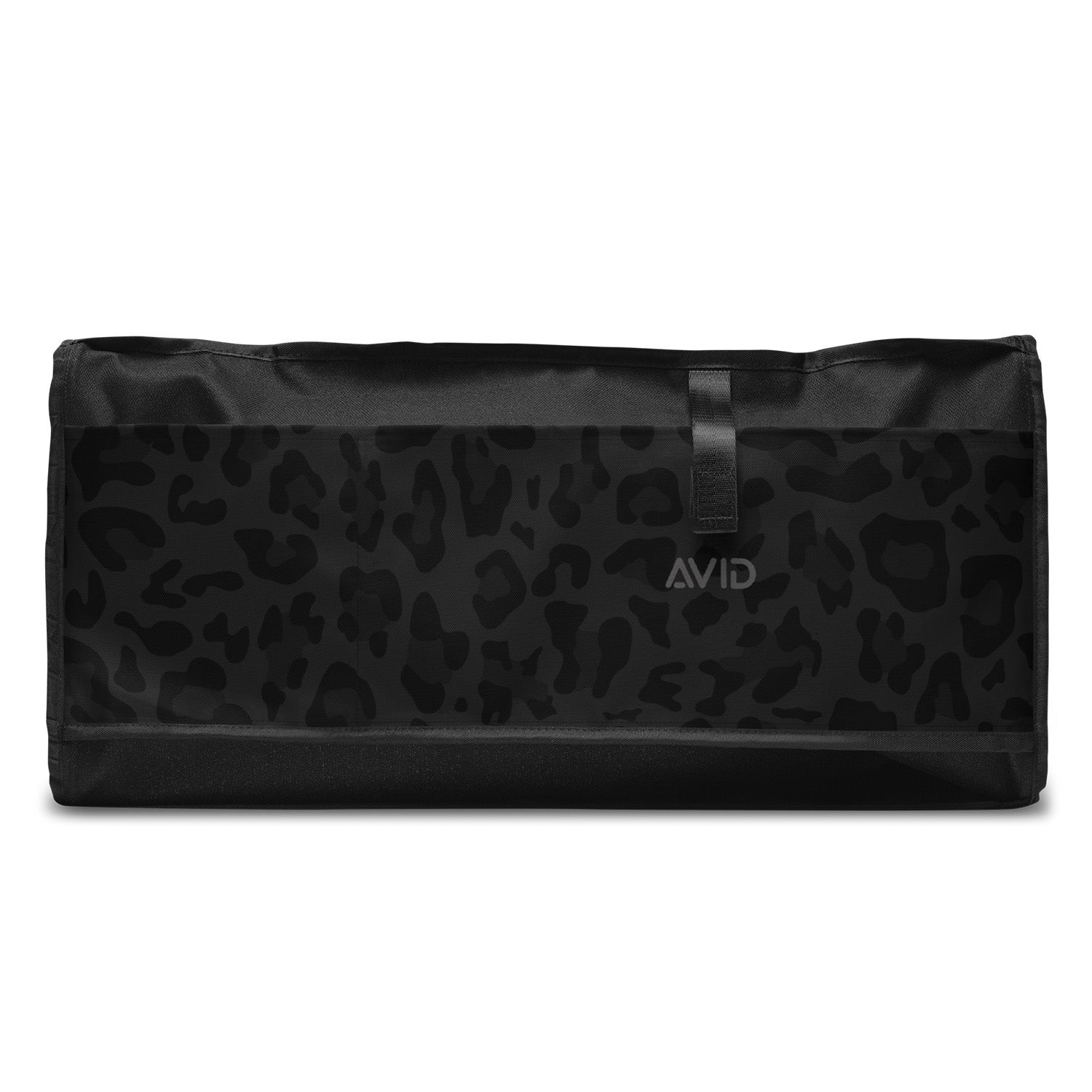 Black duffel bag with leopard print pattern on a white background