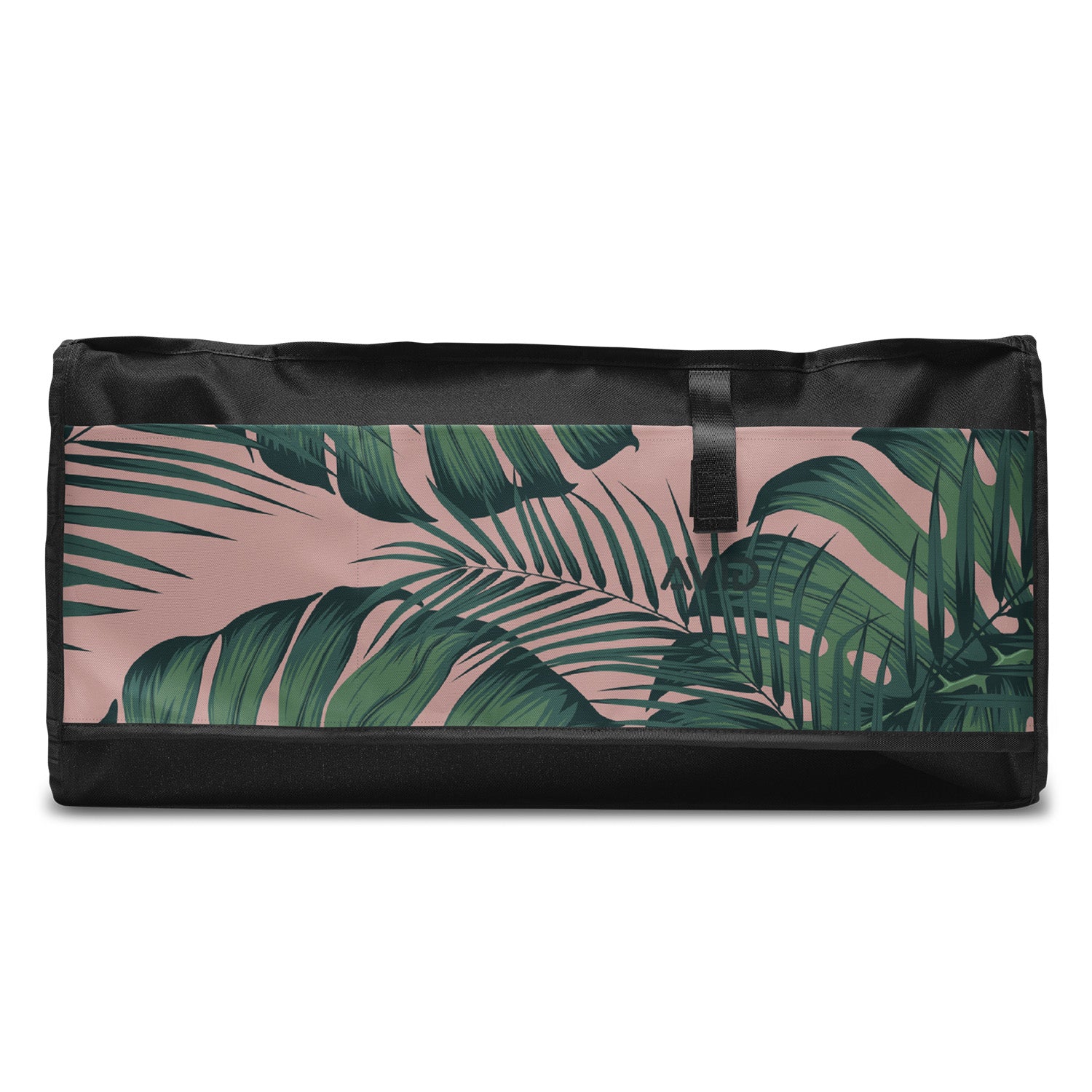 Black bag with tropical leaf pattern on a white background