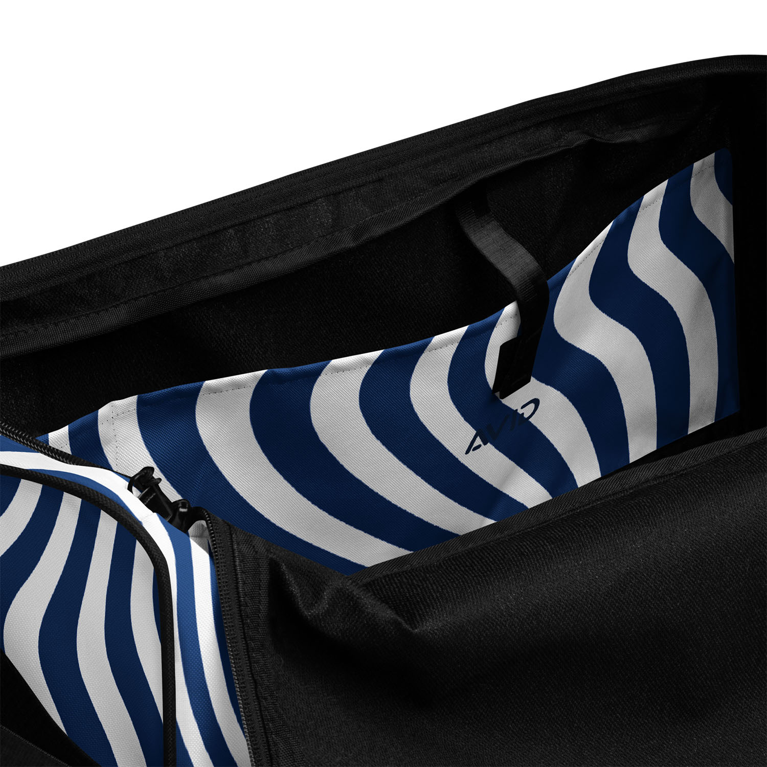 Blue and white striped car seat cover with black car interior background