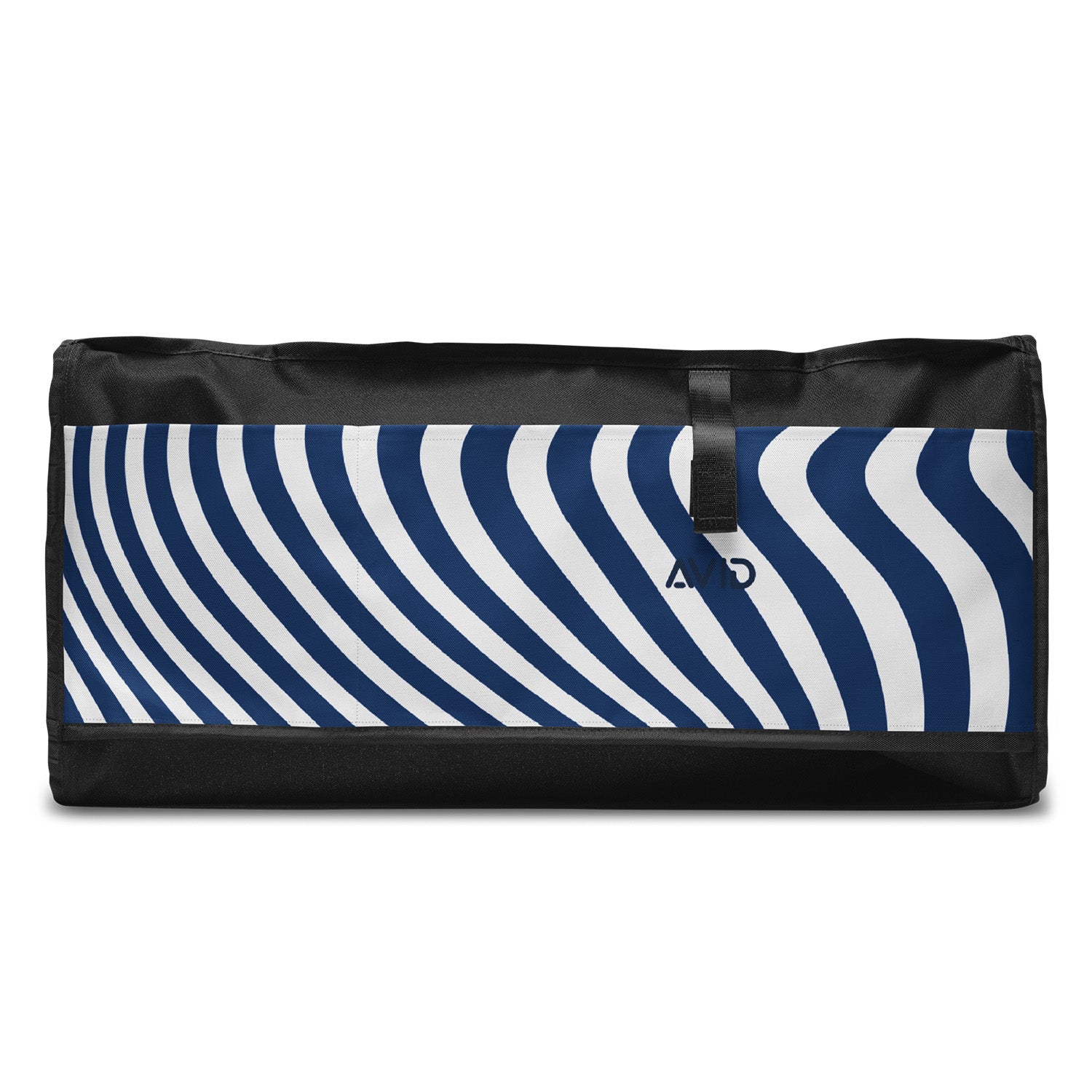 Black bag with blue and white striped pattern on a white background