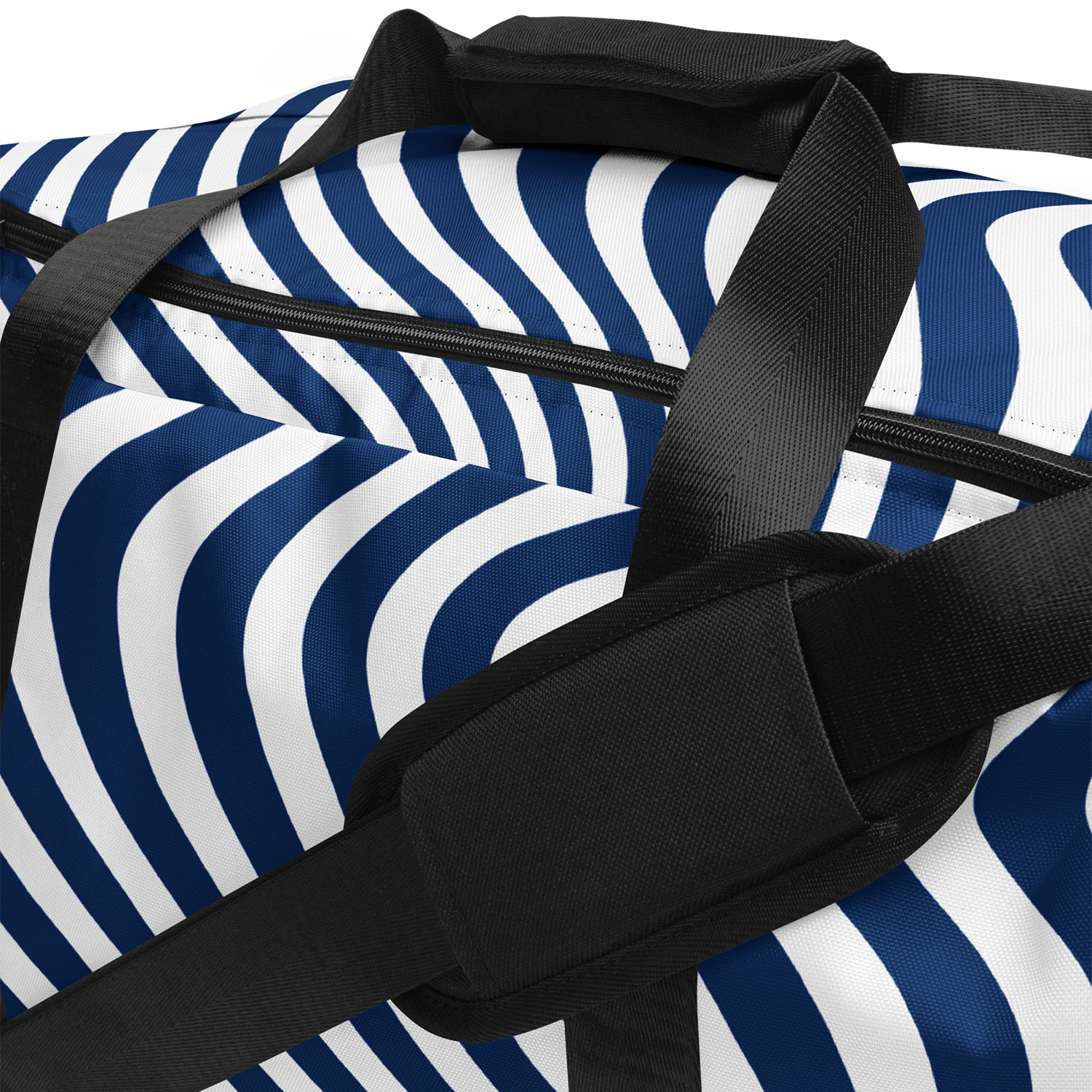 Duffle bag with blue and white wave pattern and black straps