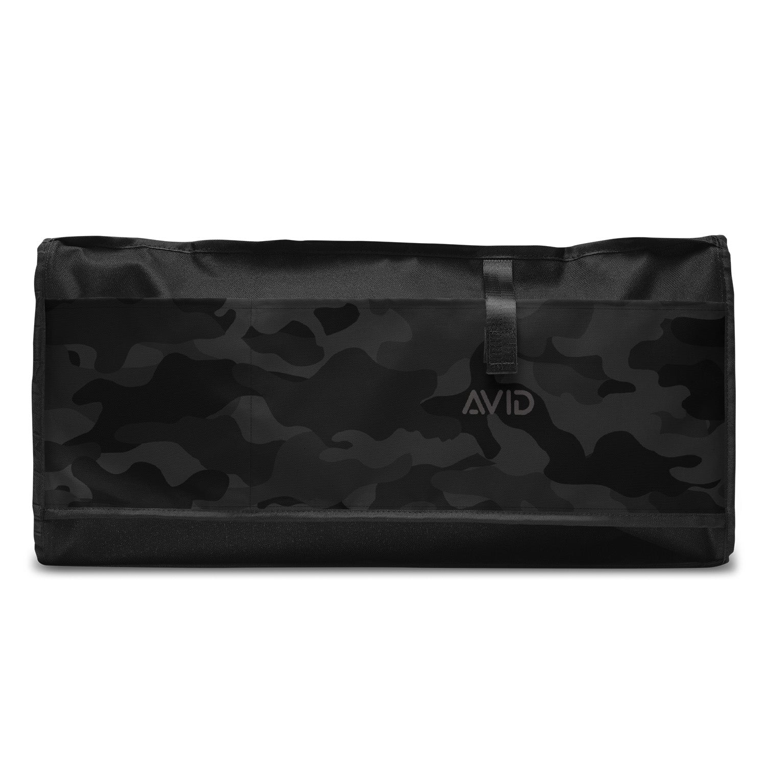 Black camouflage-patterned bag with 'Avid' branding on a white background