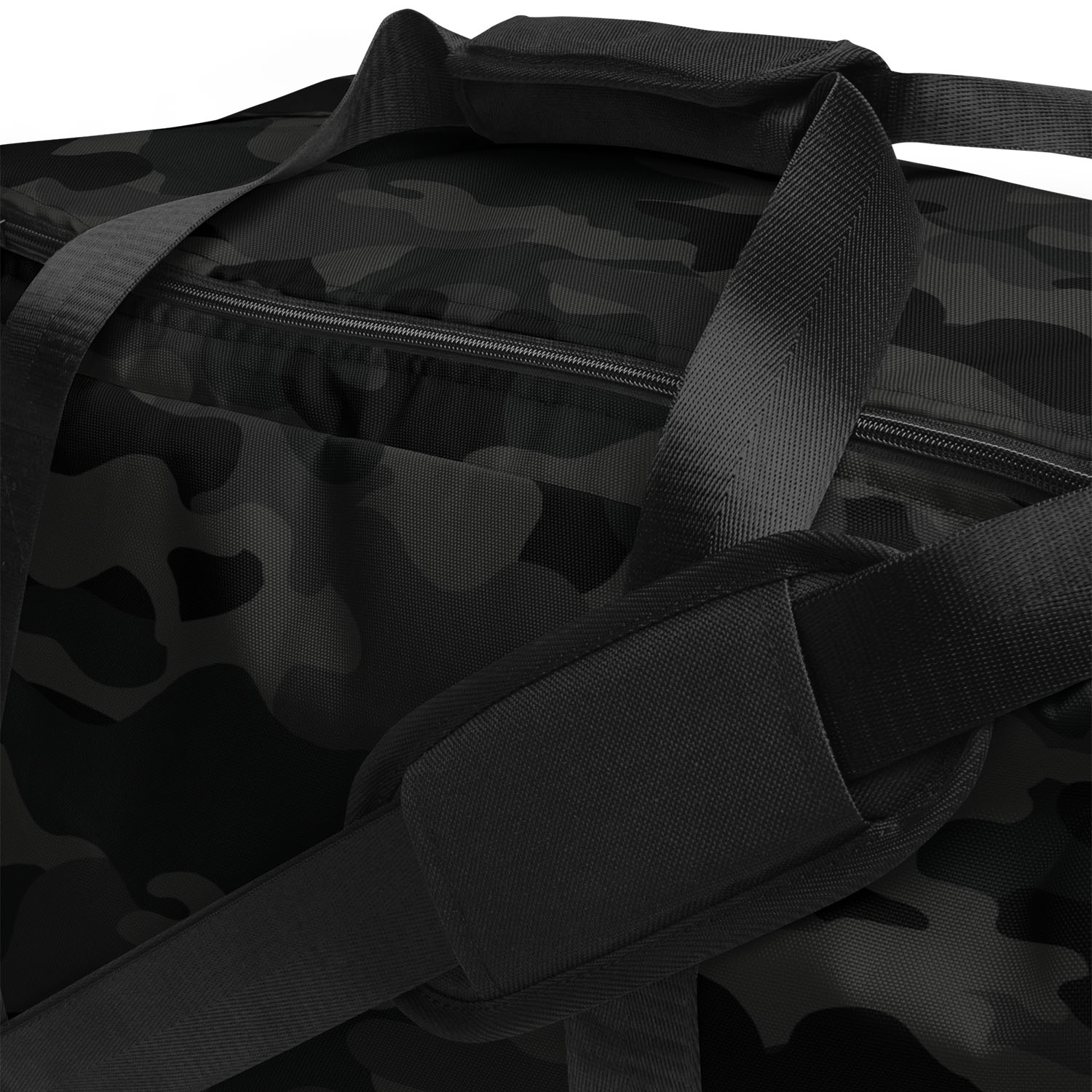 Black camouflage duffel bag with straps on a white background