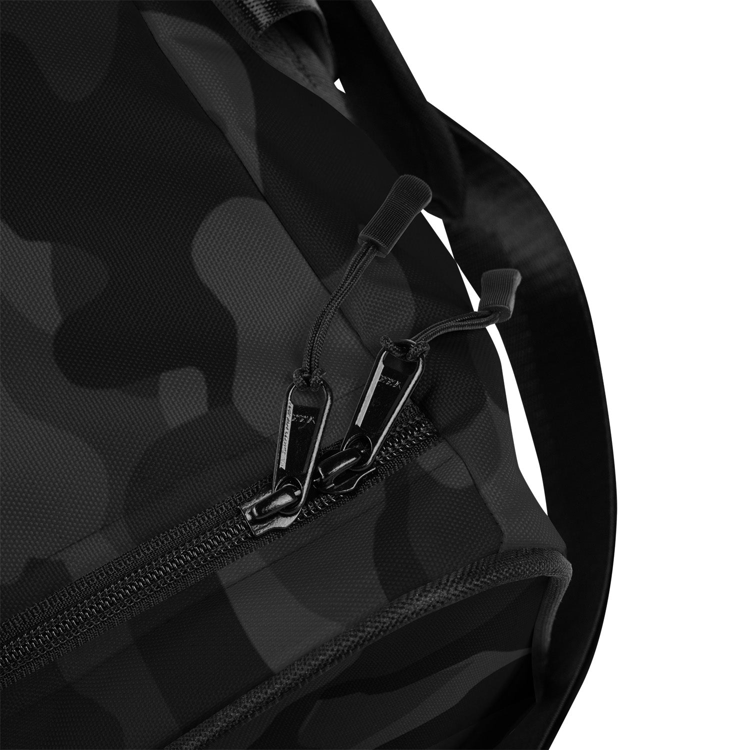 Black camouflage duffel with a zipper detail on a white background