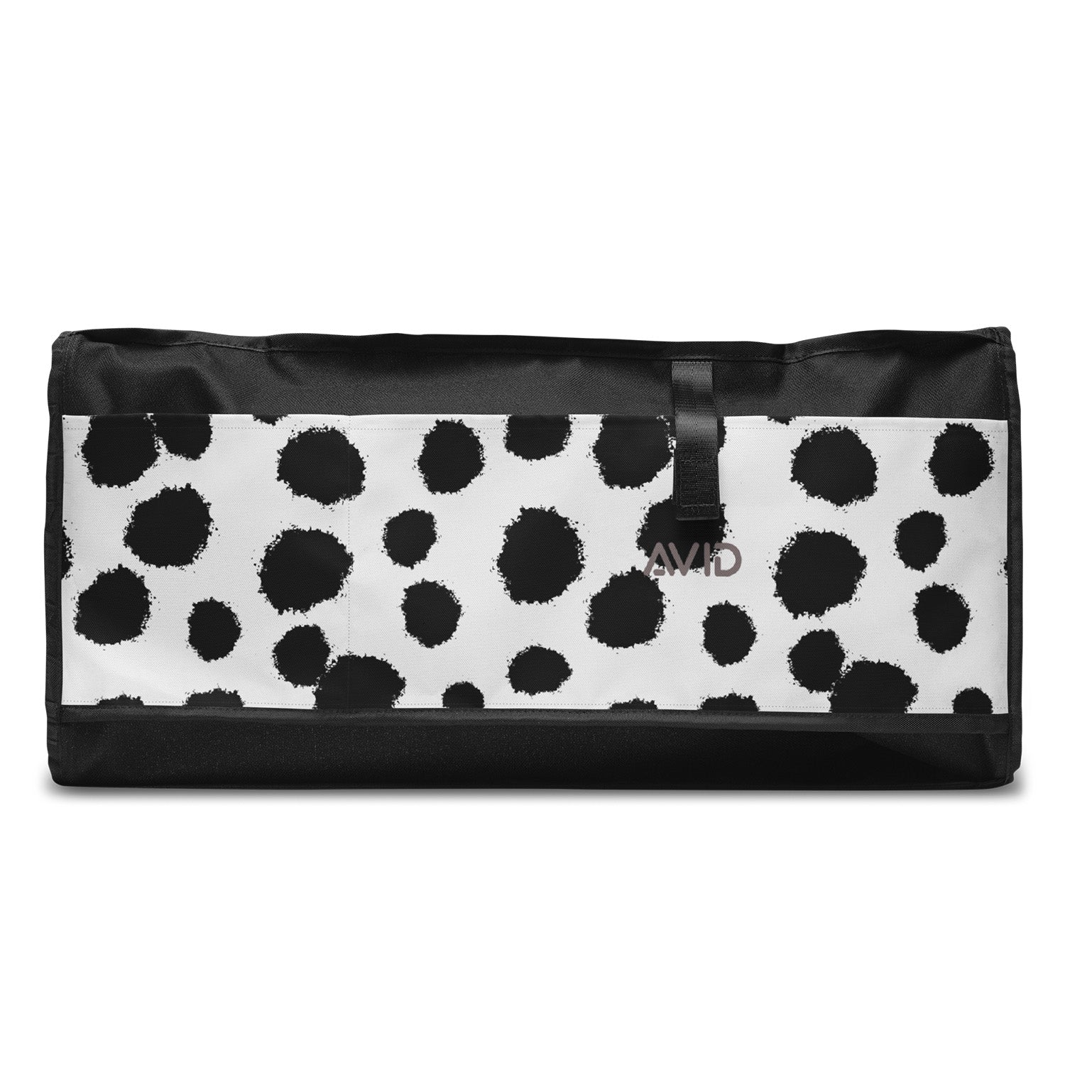 Black and white patterned bag with 'AVVD' branding on a white background