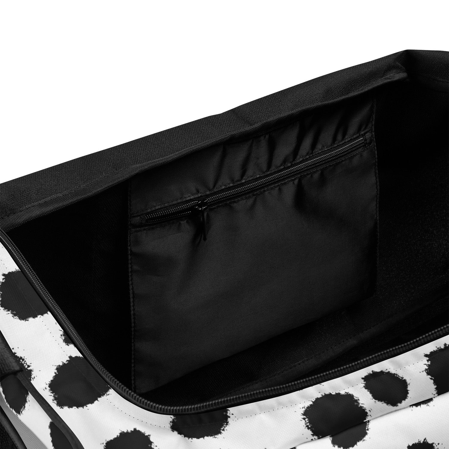 Black and white patterned bag with a zipper pocket