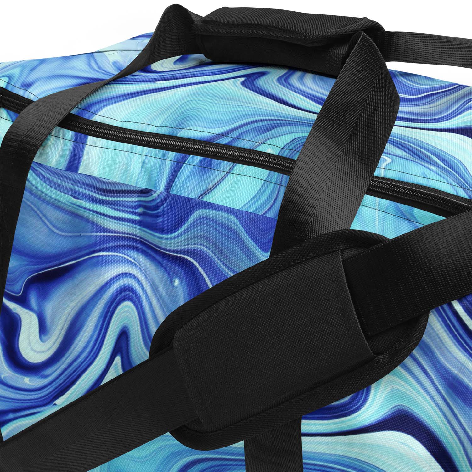 Blue and white marbled duffel bag with black straps