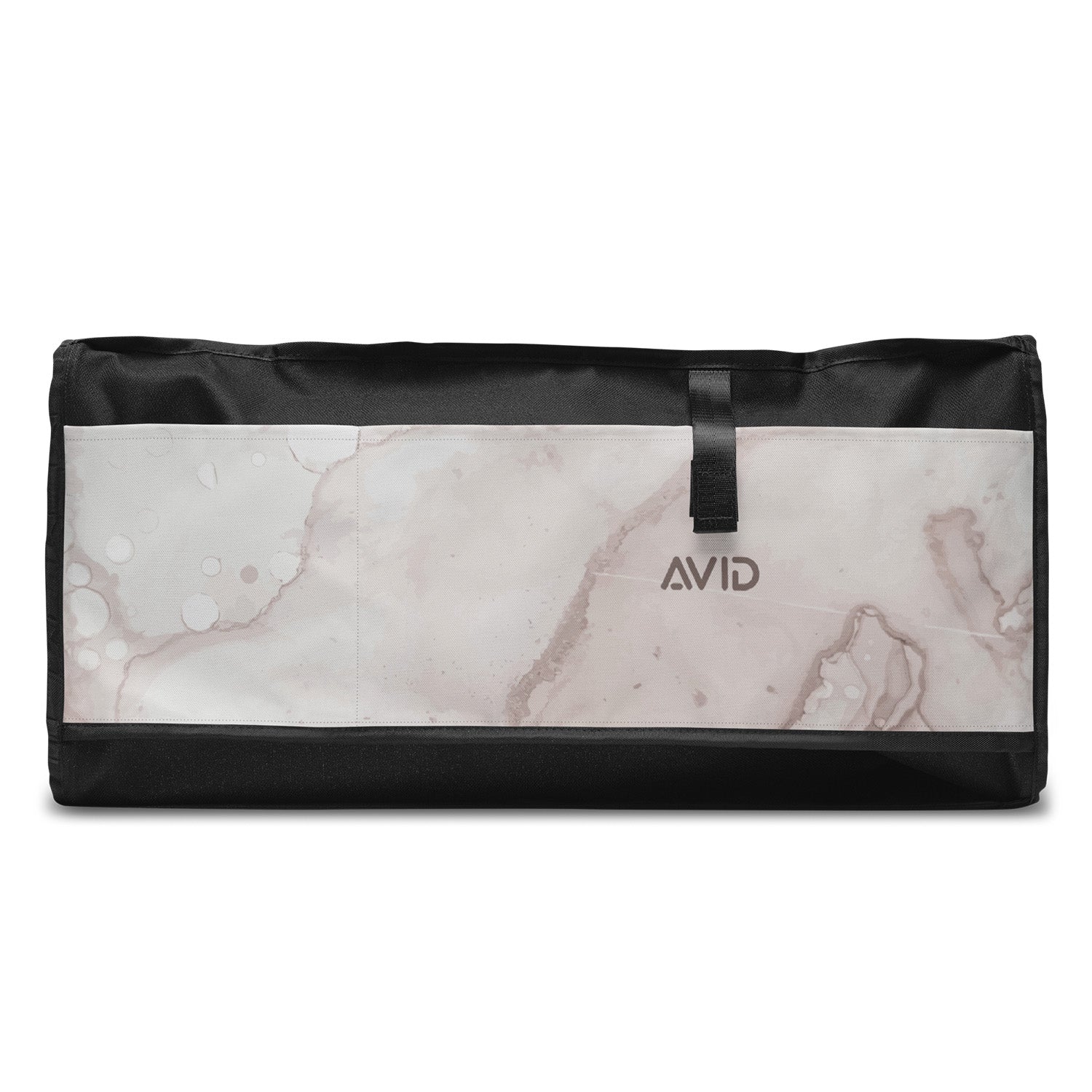 Marble-patterned bag with black trim and 'Avid' branding on a white background