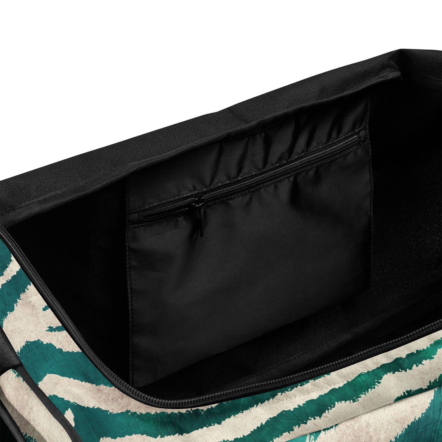 Teal and beige patterned duffel with a black interior