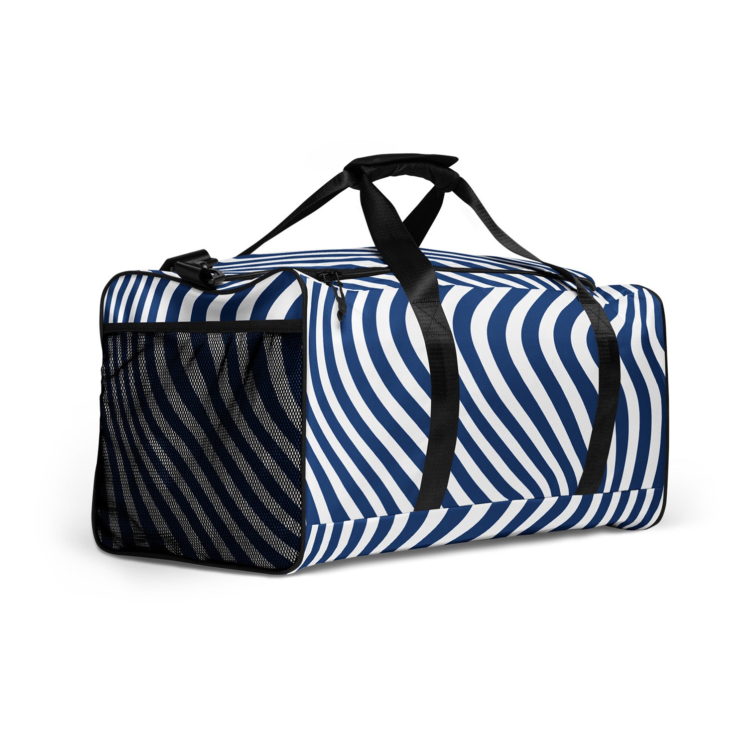Blue and white striped duffel bag with black straps on a white background