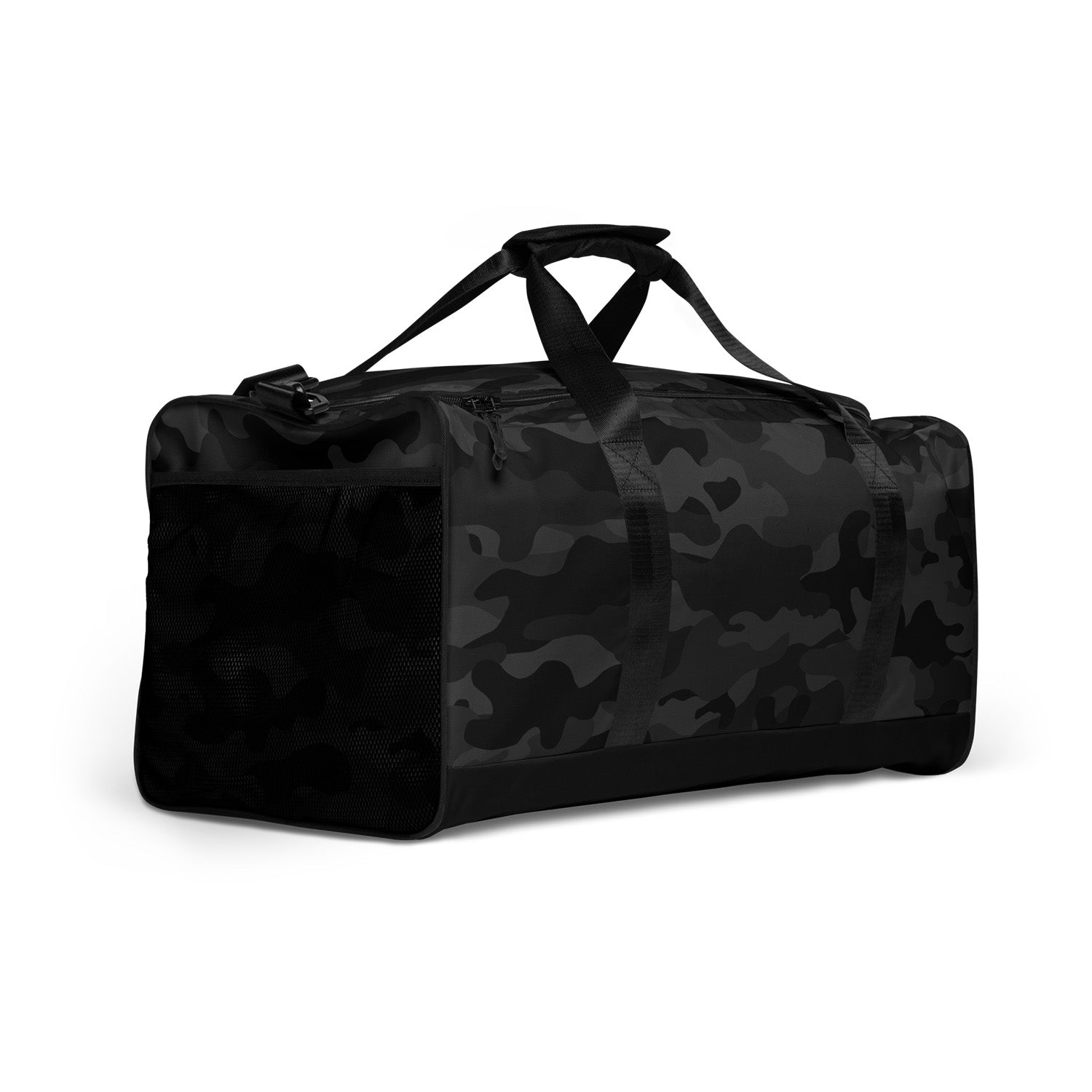Black camouflage duffel bag on a white background