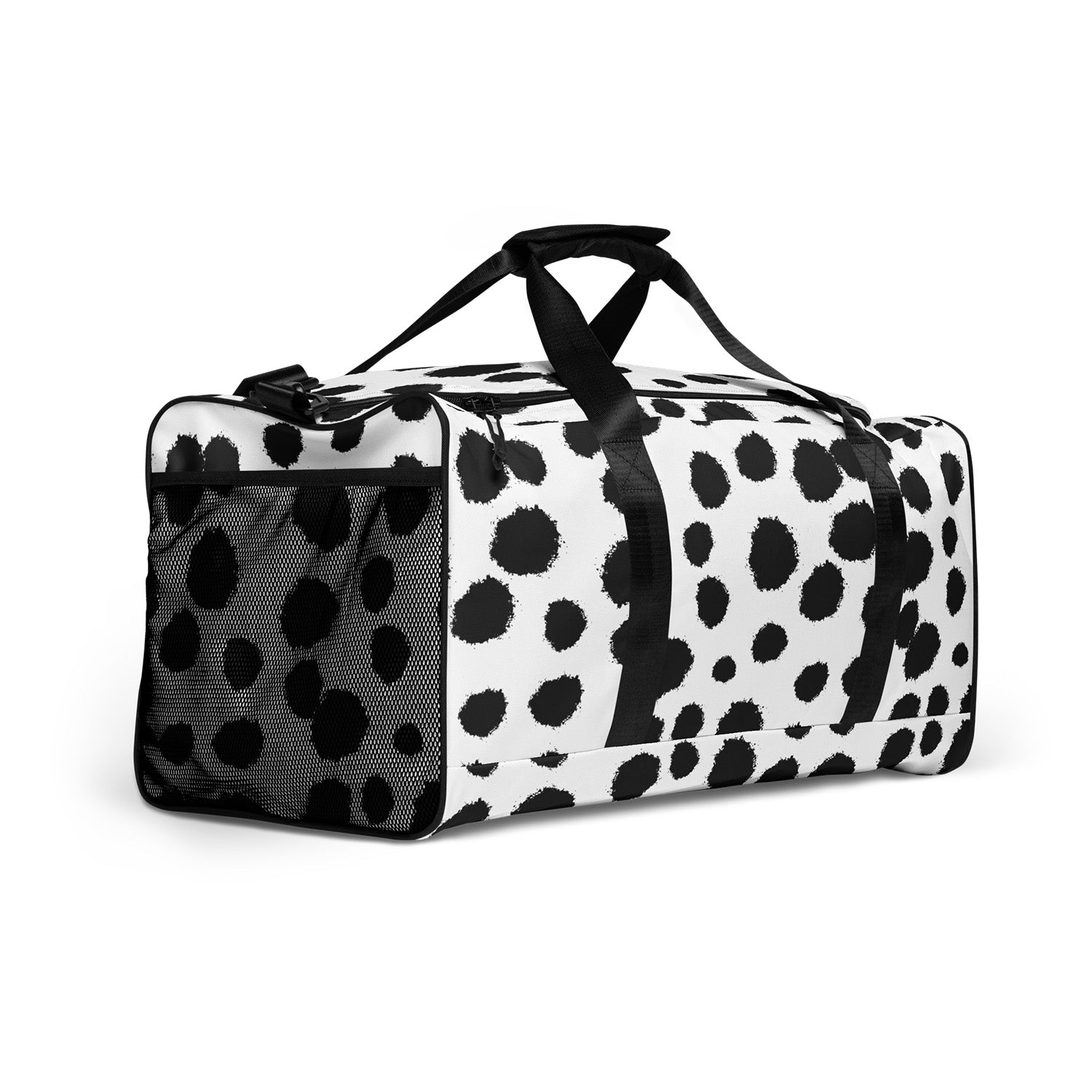 Duffle bag with black and white abstract pattern on a white background