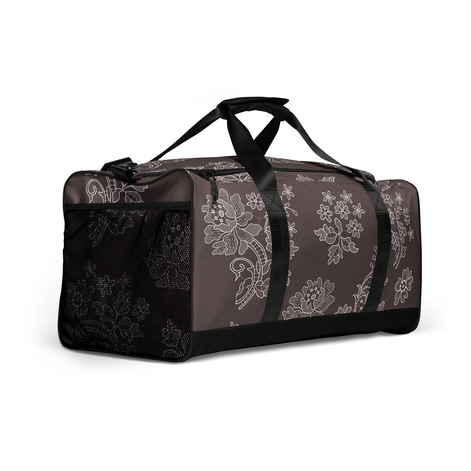 Duffle bag with floral pattern on a white background