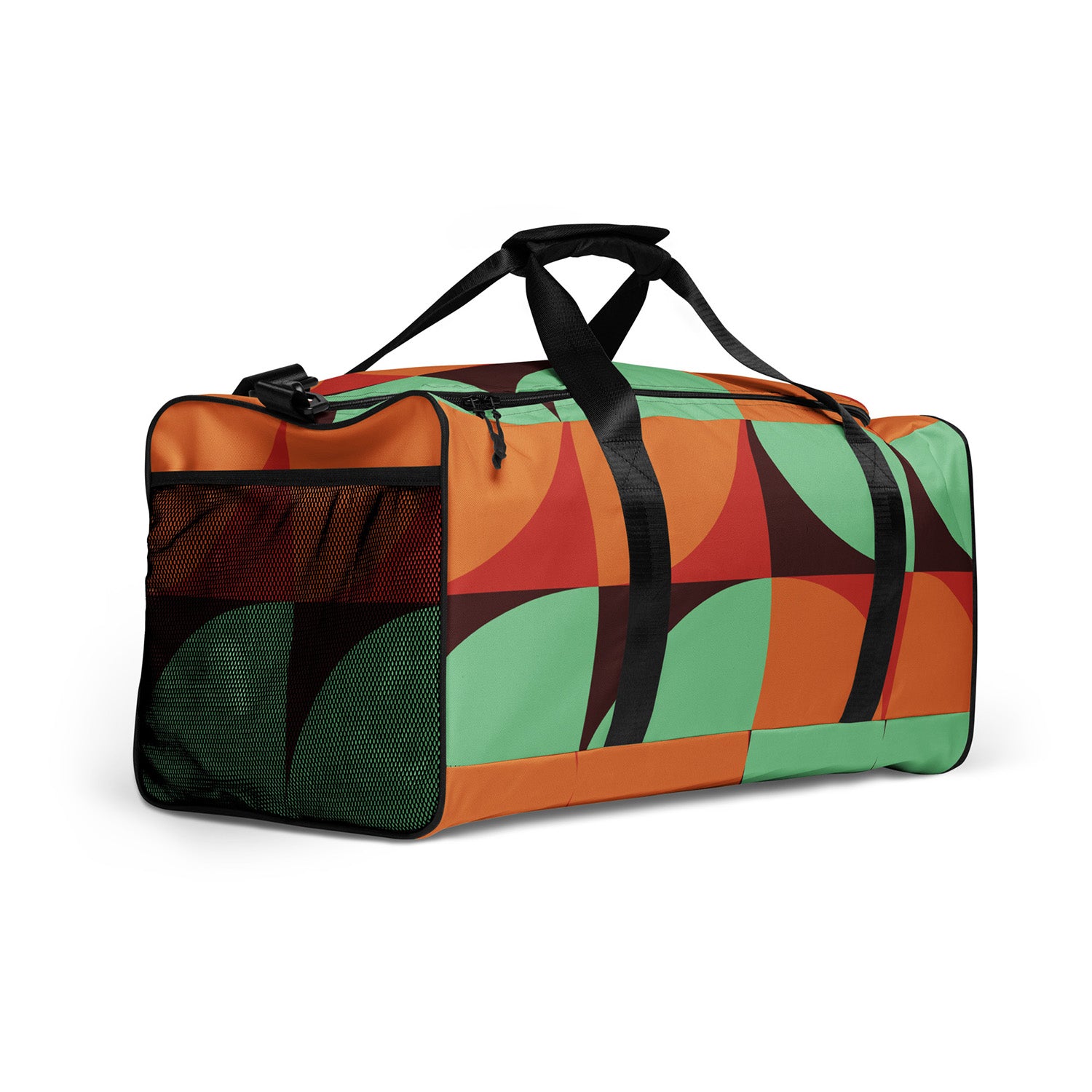 Colorful duffel bag with geometric pattern on a white background