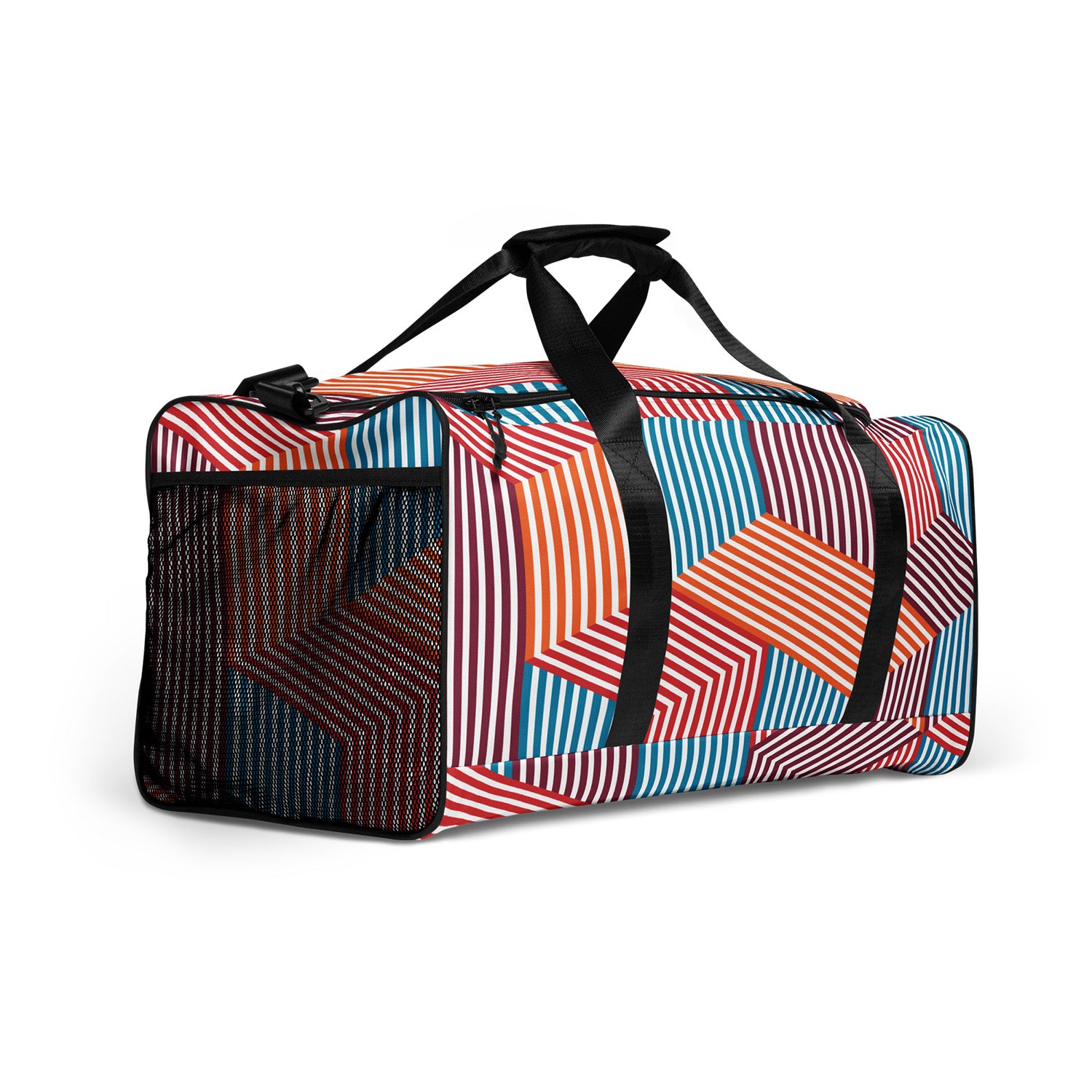 Colorful geometric patterned duffel bag with black straps on a white background