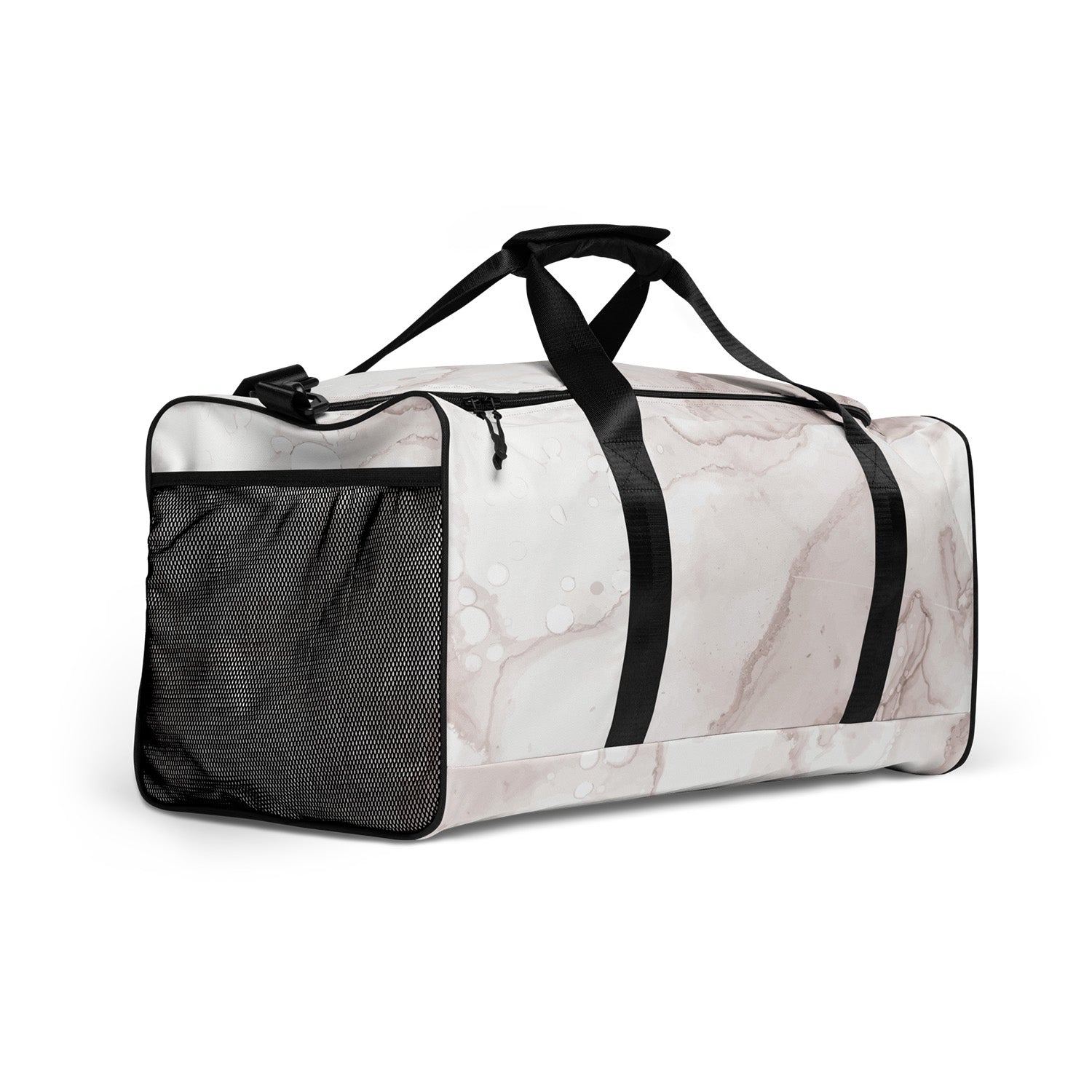 Marble-patterned duffel bag with black straps on a white background
