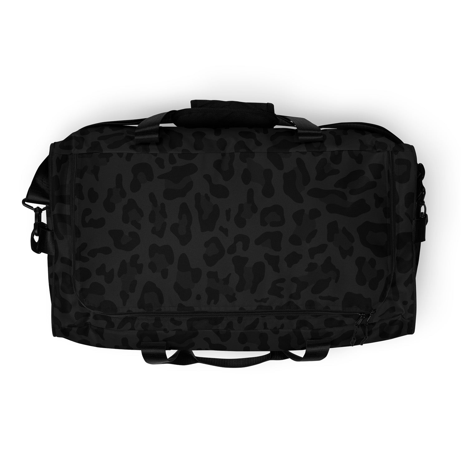 Black duffel bag with leopard print pattern on a white background