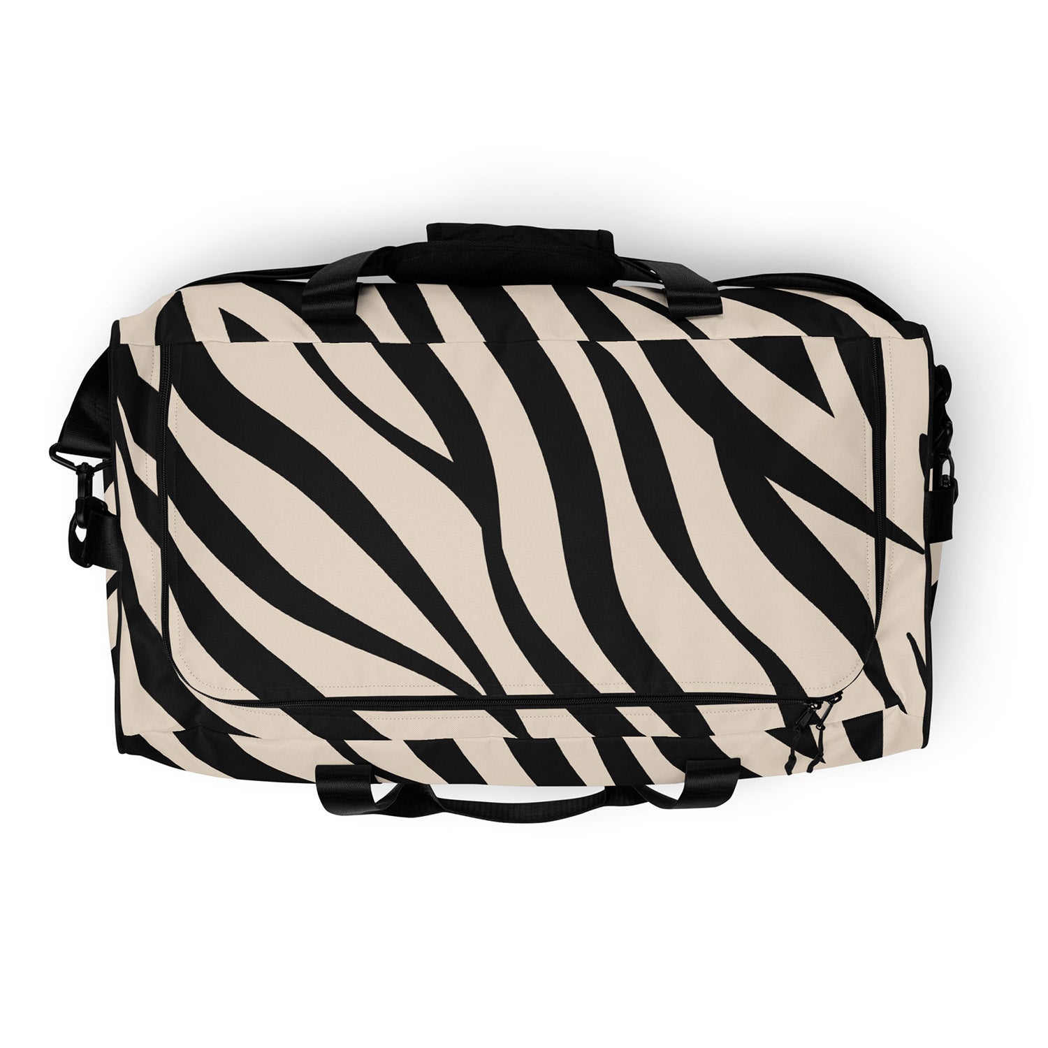 Zebra-striped duffel bag on a white background