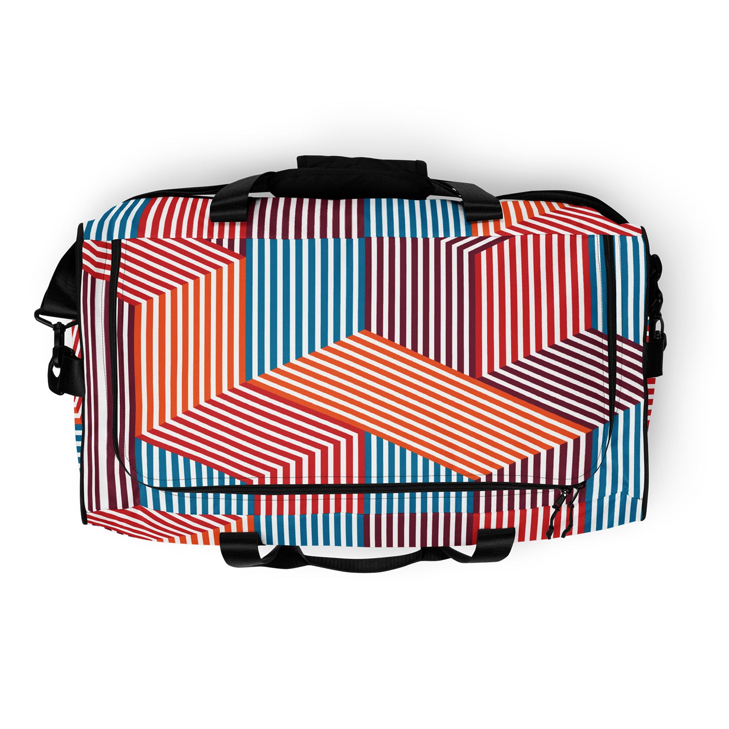 Multicolored geometric patterned bag on a white background