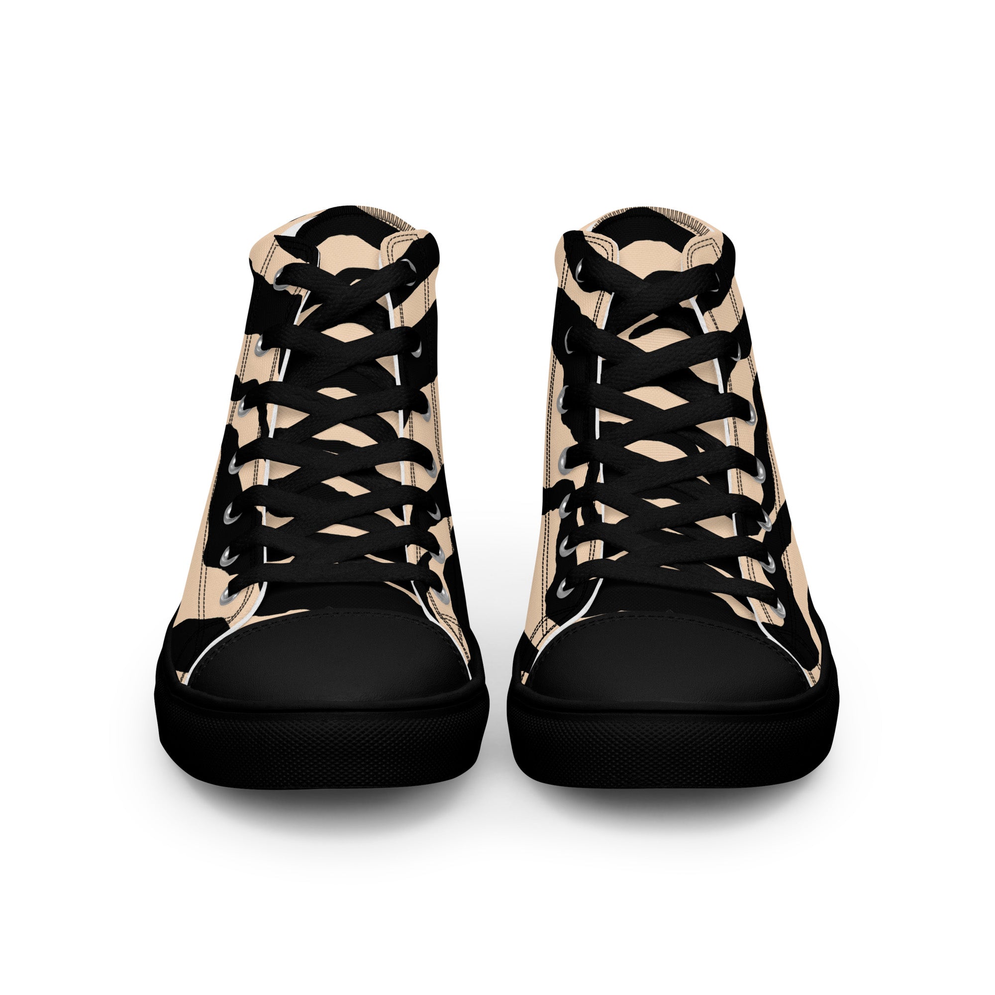 Pair of high-top sneakers with black and beige pattern on a white background