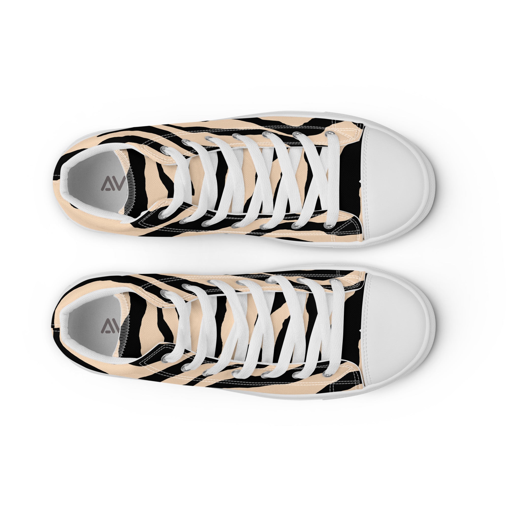Pair of high-top sneakers with zebra pattern on a white background
