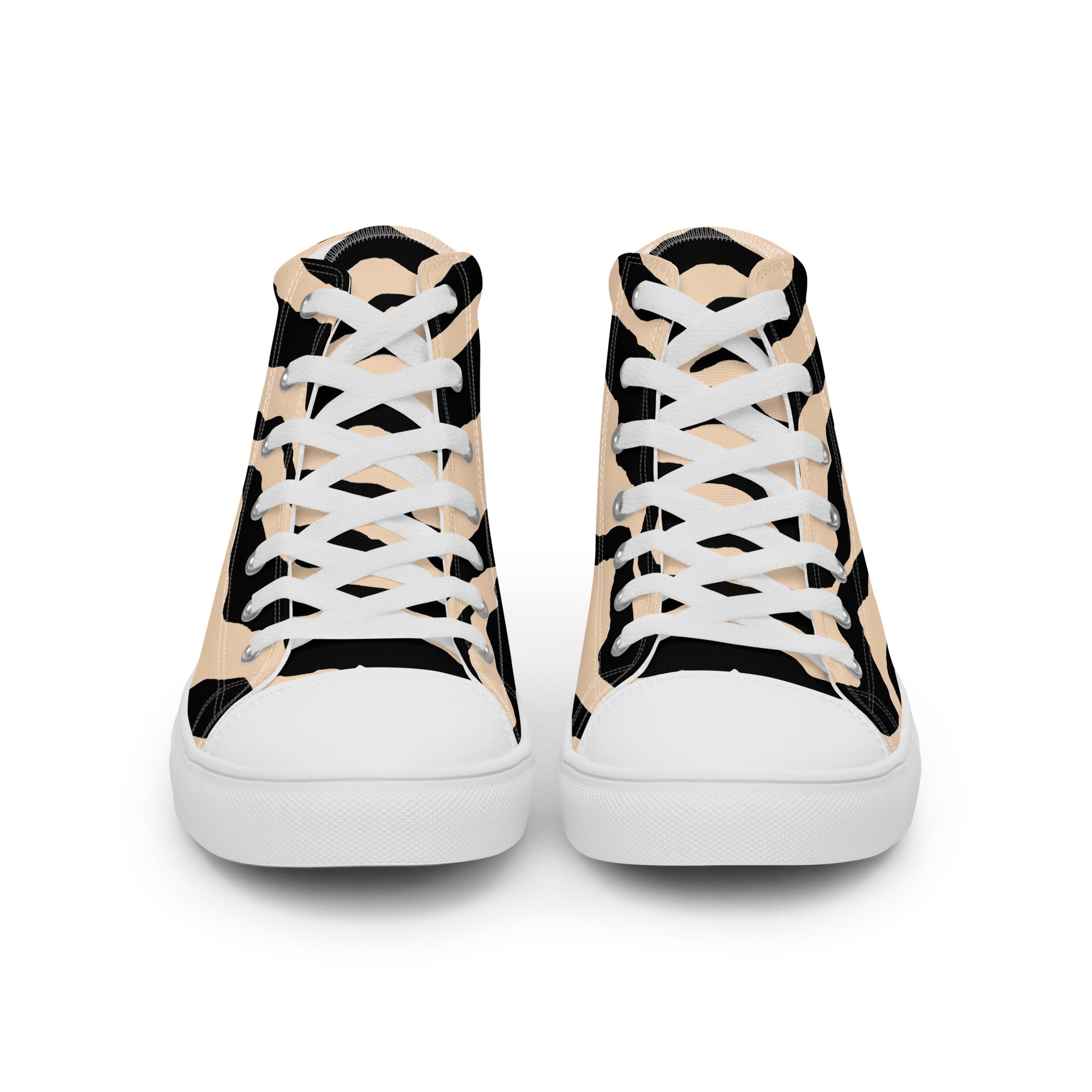 Pair of high-top sneakers with a black, beige, and white color scheme on a white background.