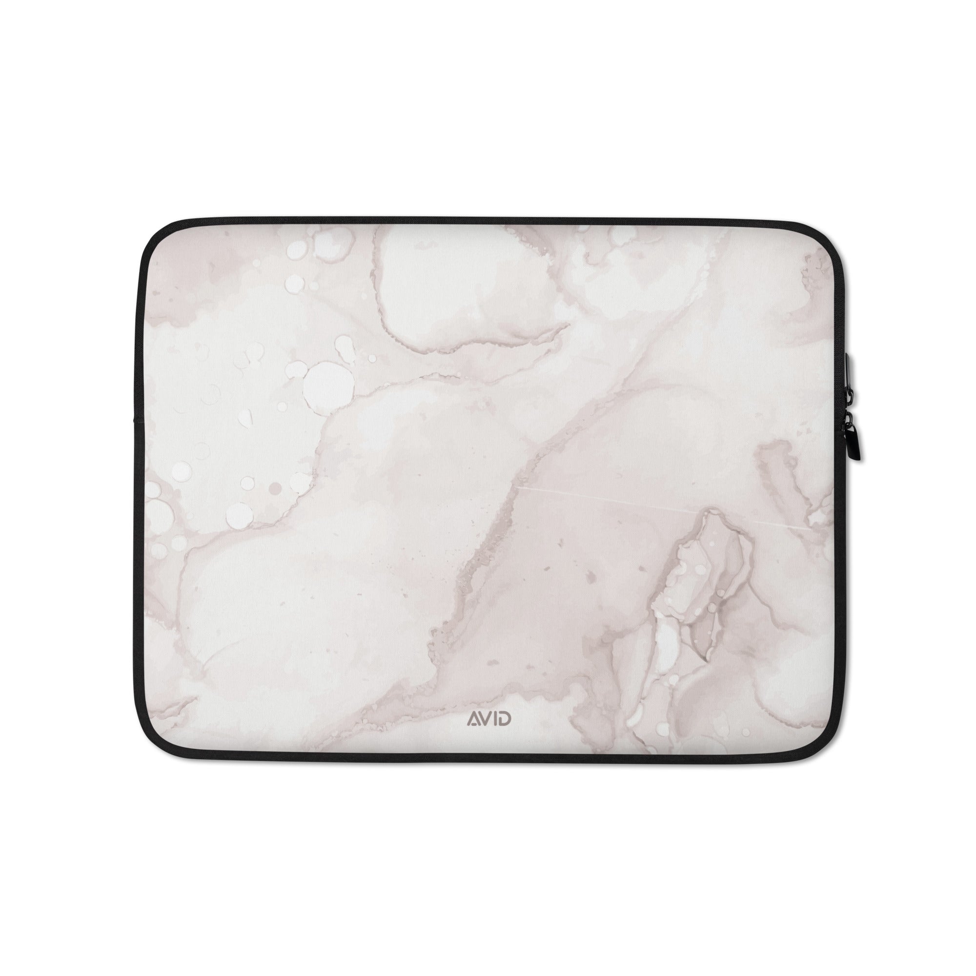 Marble-patterned laptop sleeve with AVID branding on a white background