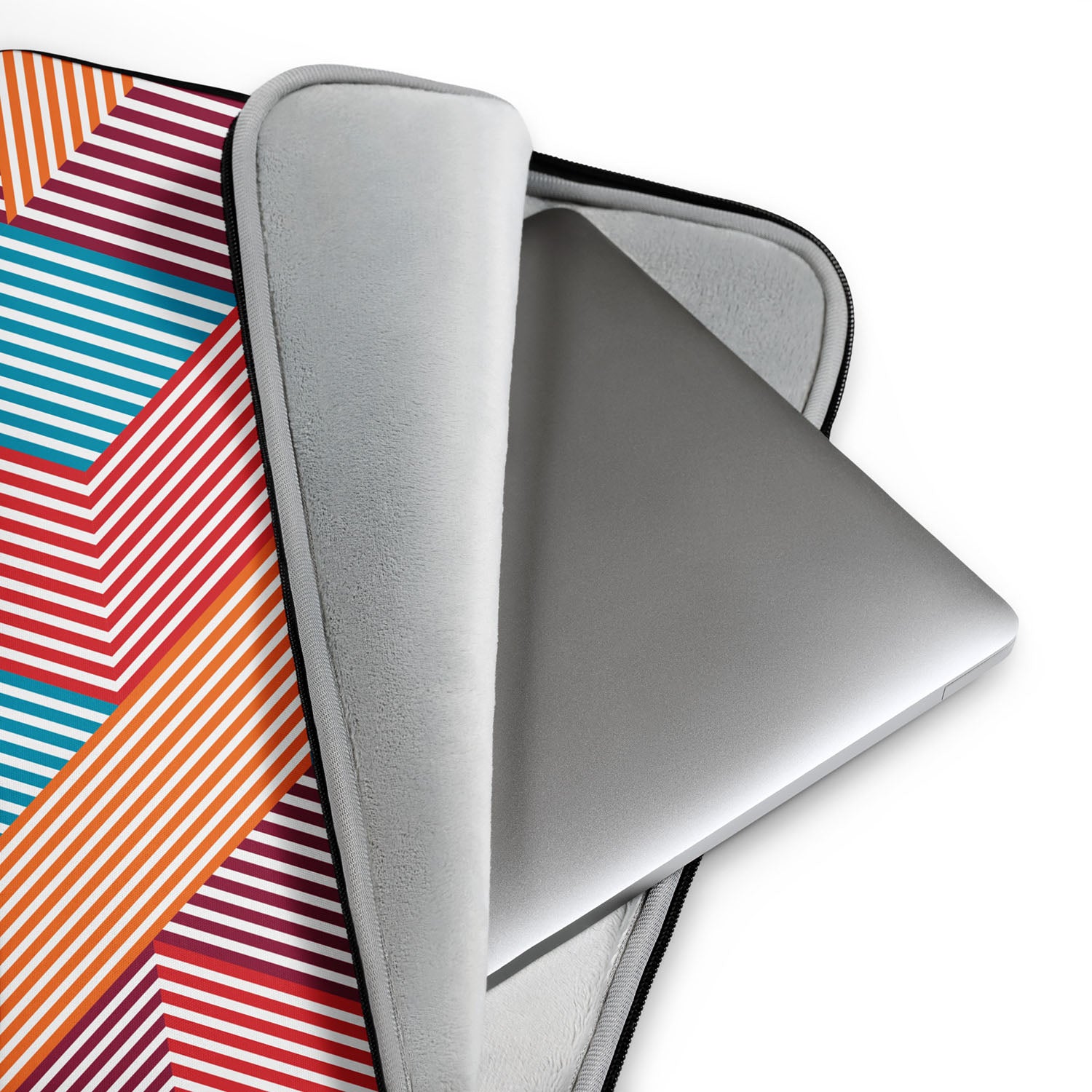 Colorful geometric patterned laptop sleeve with a plain gray sleeve underneath on a white background