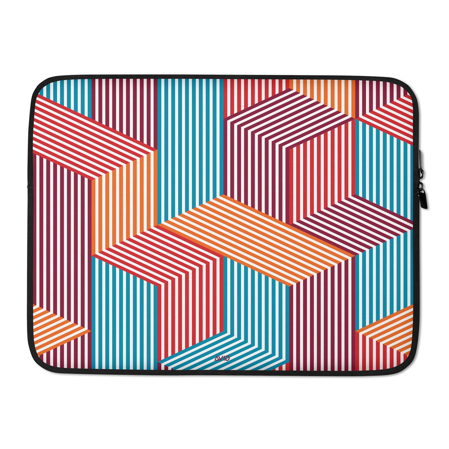 Geometric patterned laptop sleeve with red, blue, and orange colors on a white background