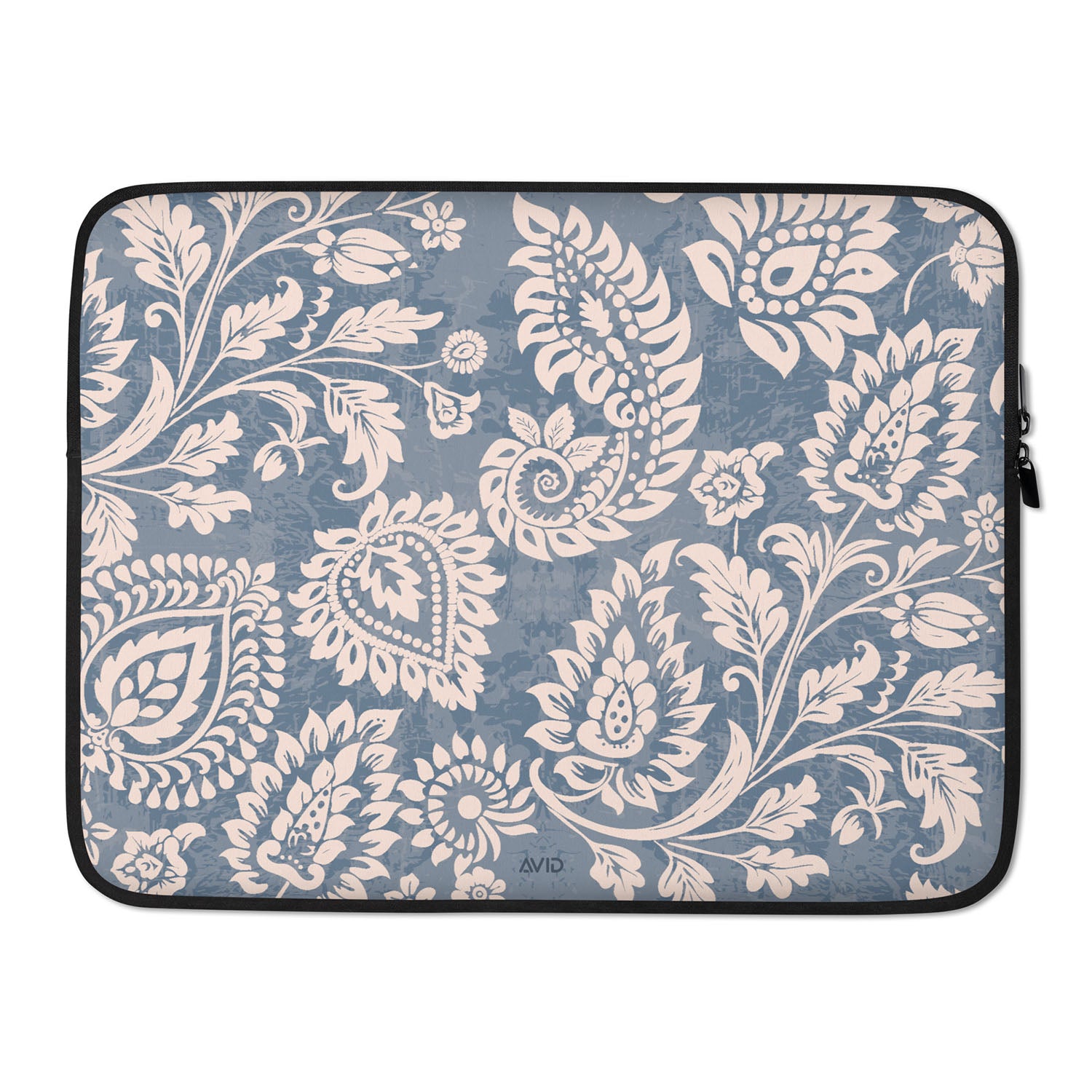 Floral paisley patterned laptop sleeve on a blue background