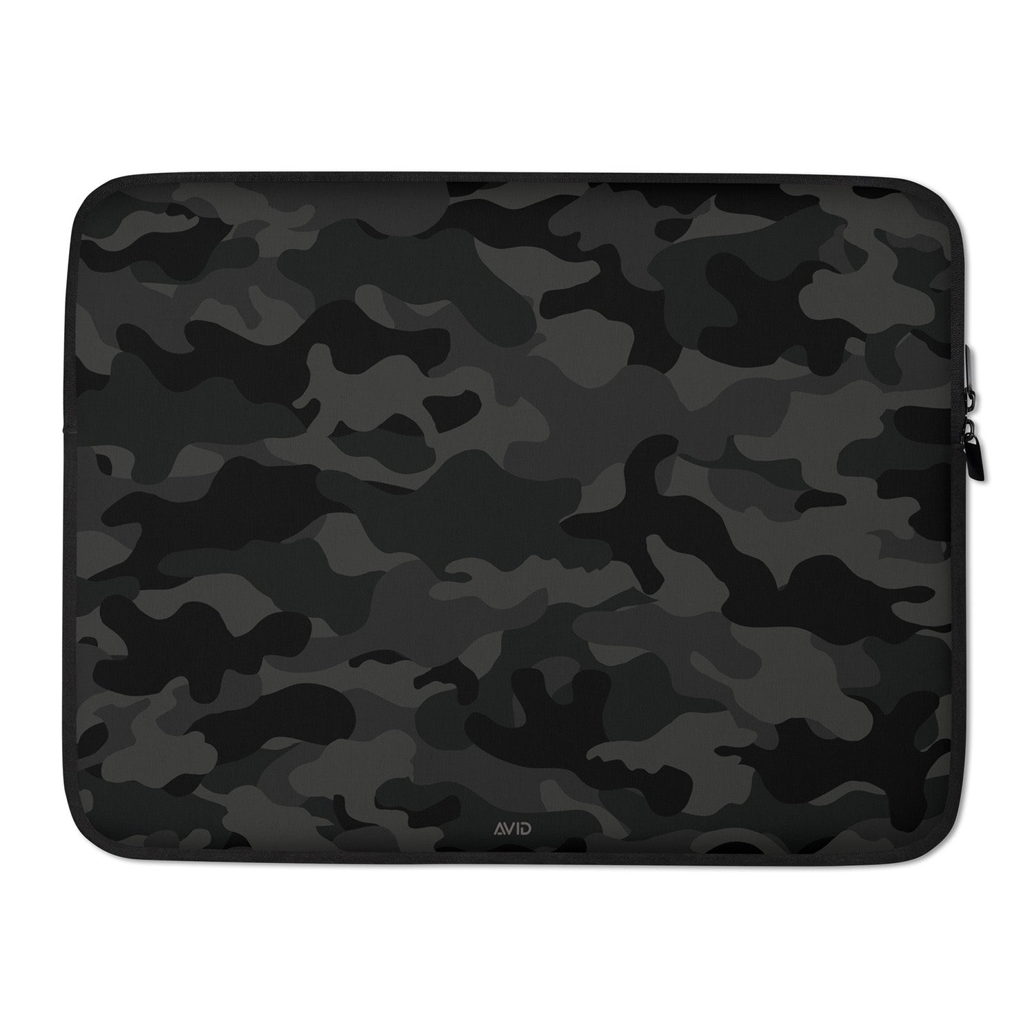 Black camouflage laptop sleeve with AVID branding on a white background