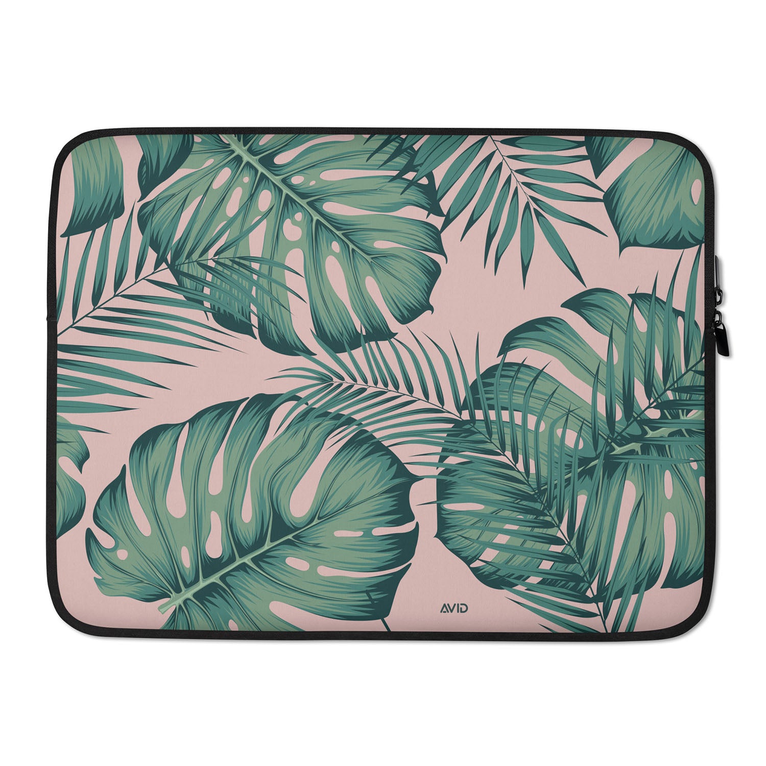 Laptop sleeve with tropical leaf pattern on a pink background
