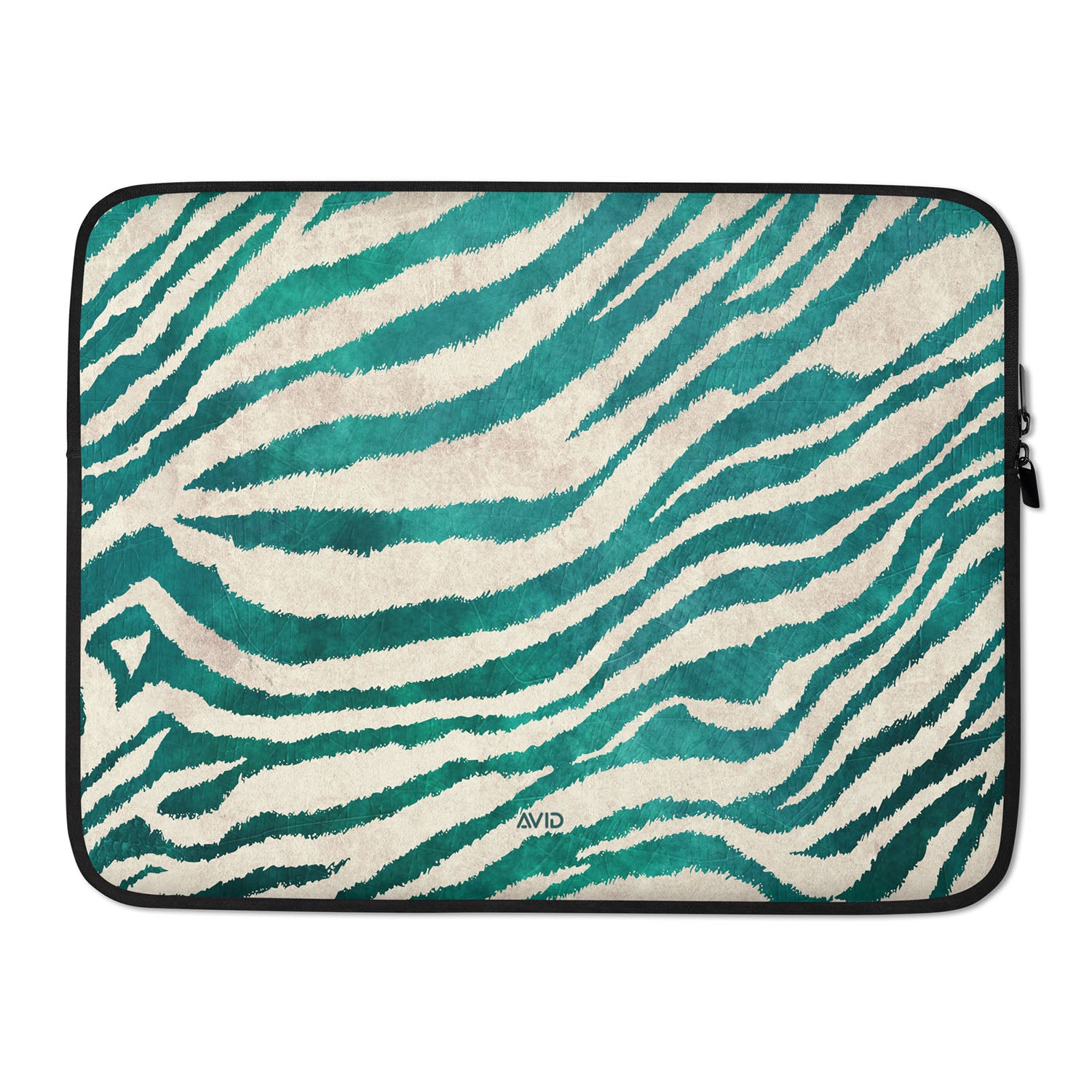 Teal and beige zebra patterned laptop sleeve with AVID branding on a white background