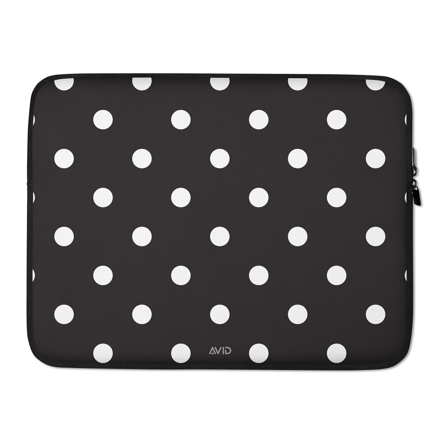 Black laptop sleeve with white polka dots on a white background