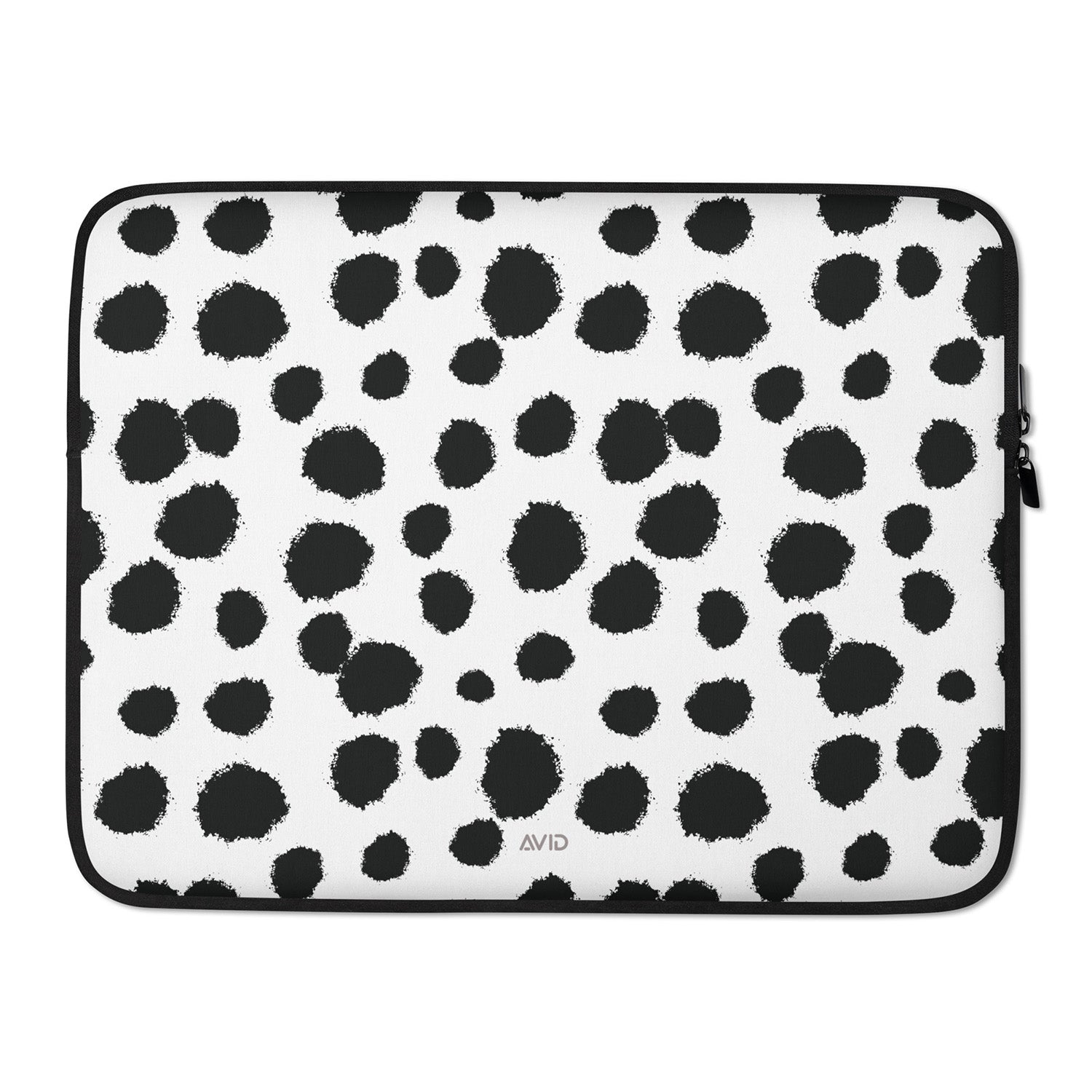 Black polka dot patterned laptop sleeve on a white background