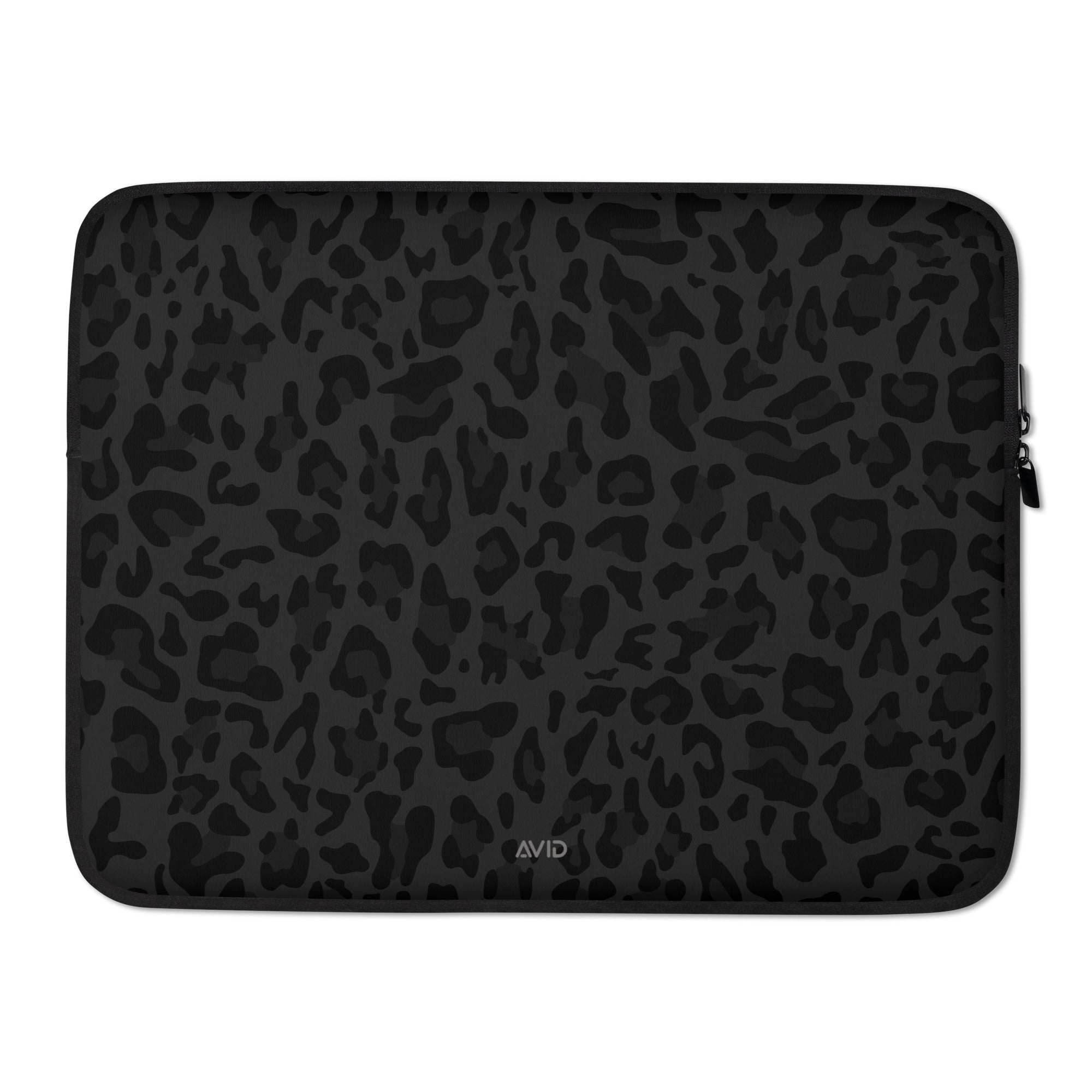 Black leopard print laptop sleeve with AVID branding on a white background