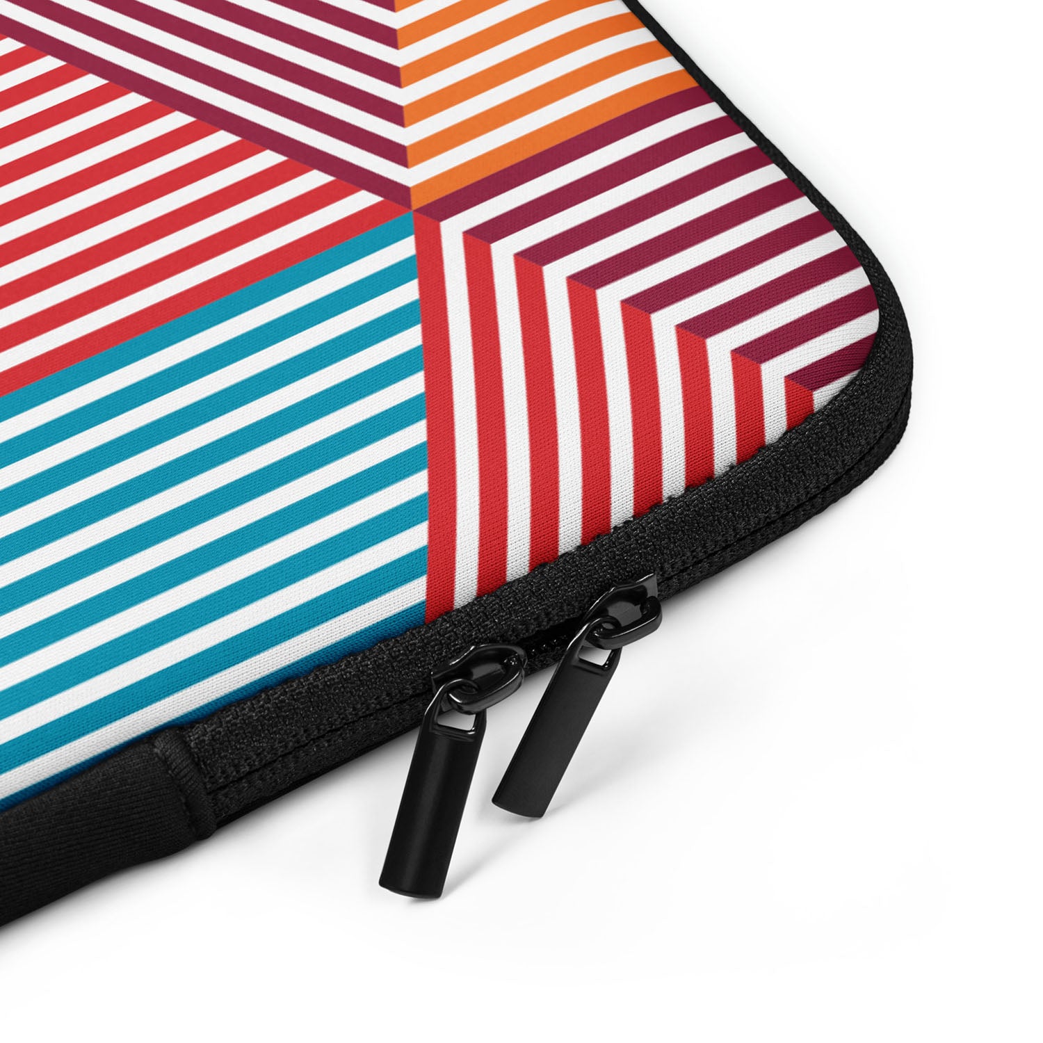 Colorful striped laptop sleeve with a zipper on a white background