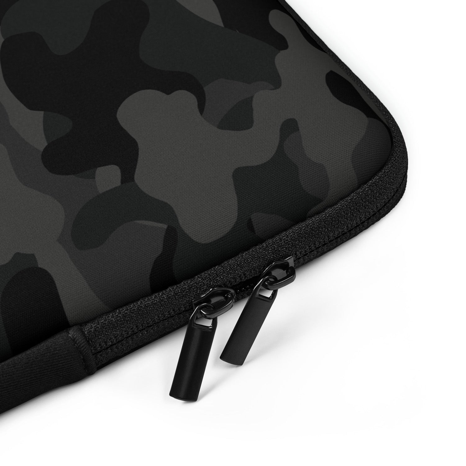 Black camouflage laptop sleeve with zipper on a white background