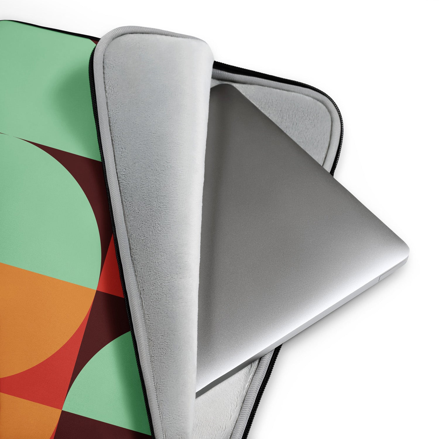 Colorful laptop case with a geometric design on a white background