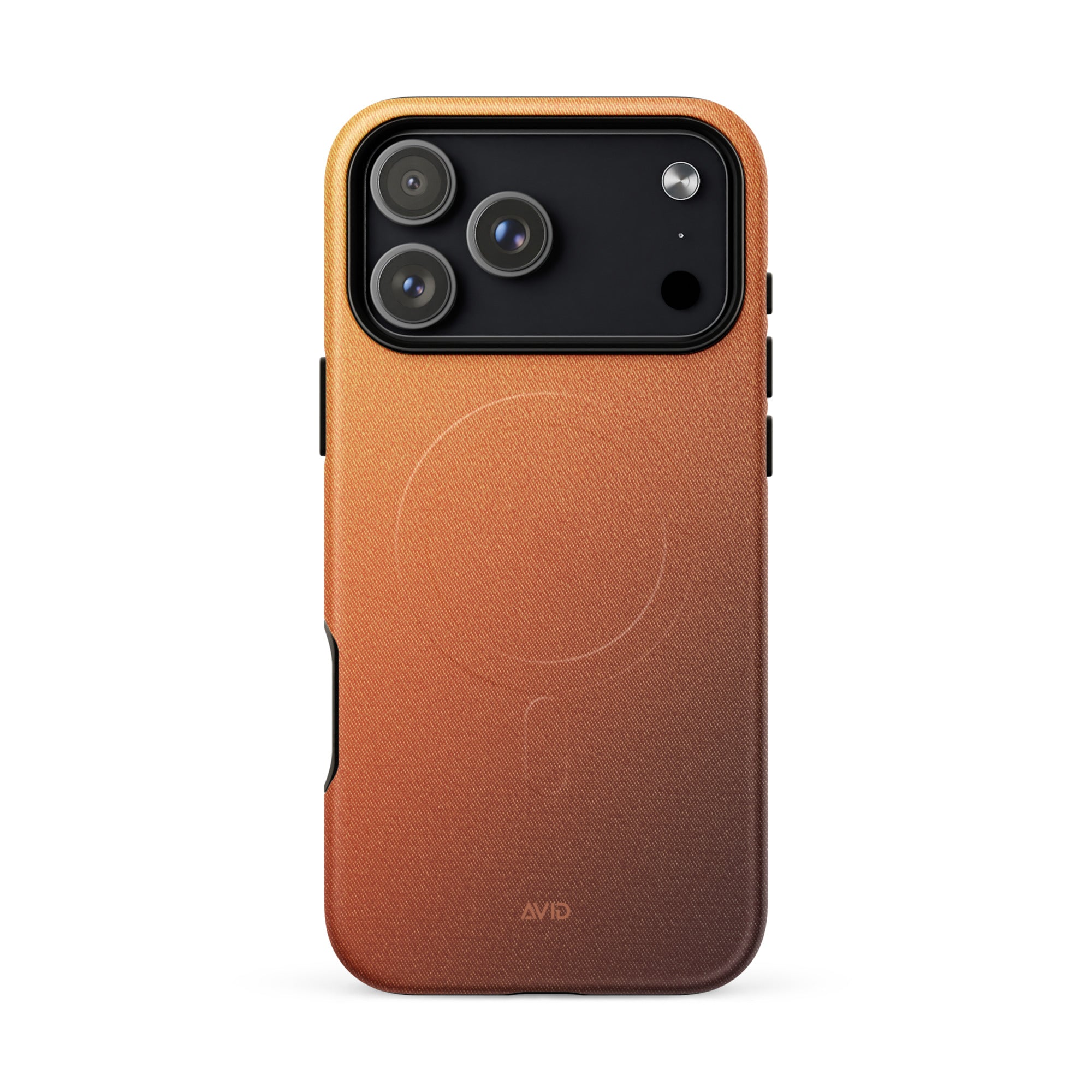 Orange Fade iPhone case with AVID brand logo 