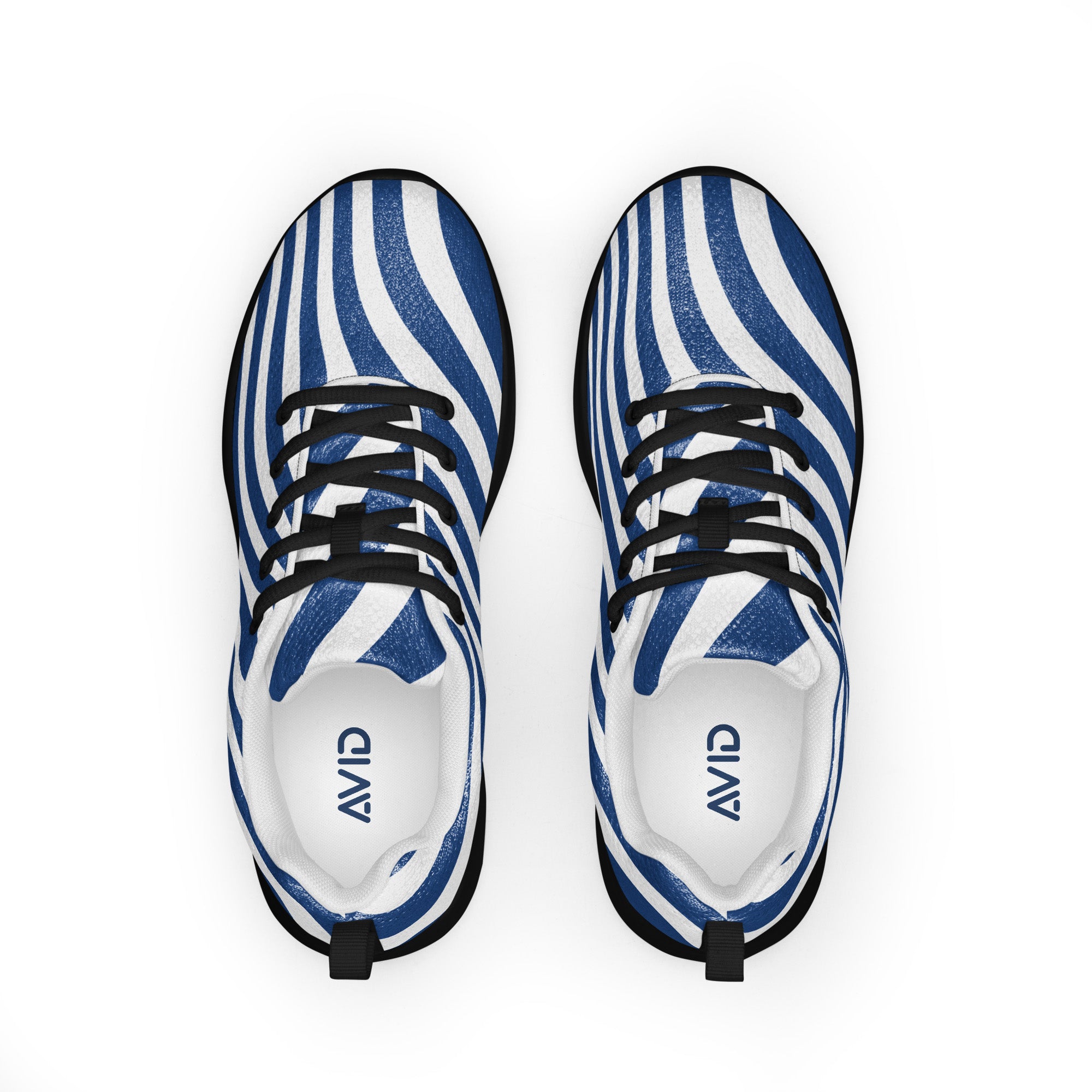 Blue and white striped shoes with black accents on a white background