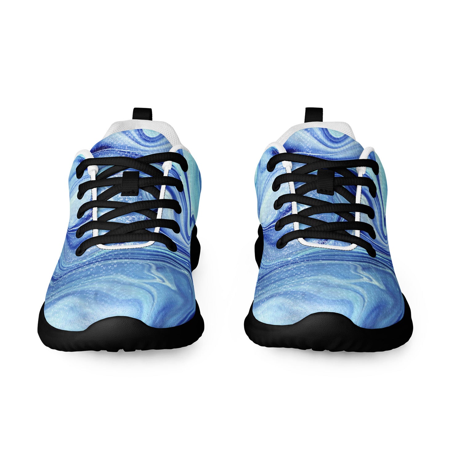 Blue splash running shoes with black soles on a white background