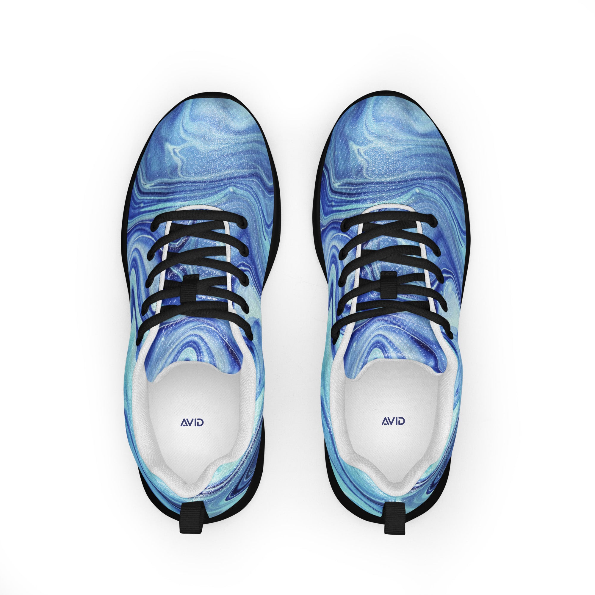 Blue marbled running shoes with black laces on a white background