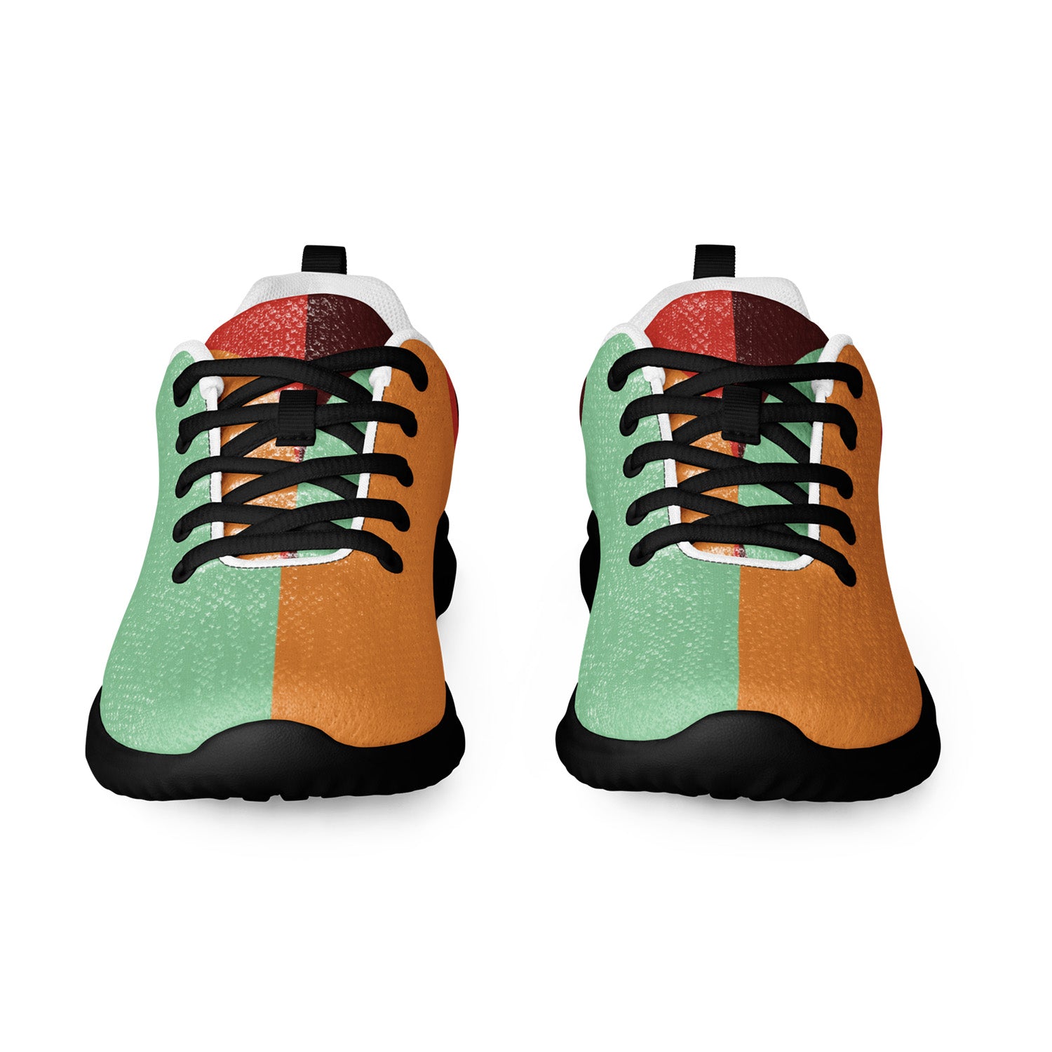 Orange fade sneakers with a geometric pattern on a white background