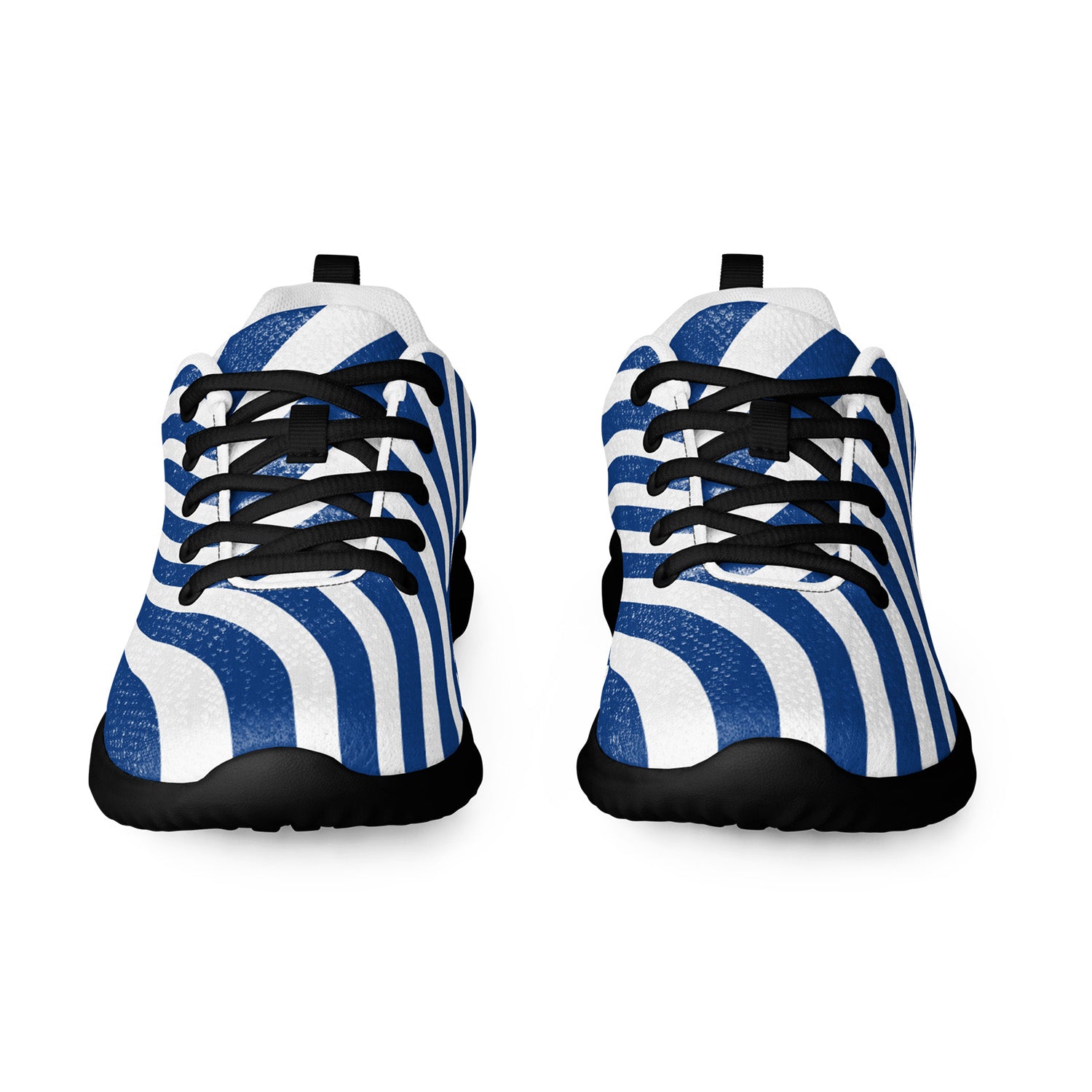 Pair of blue and white striped sneakers with black laces on a white background
