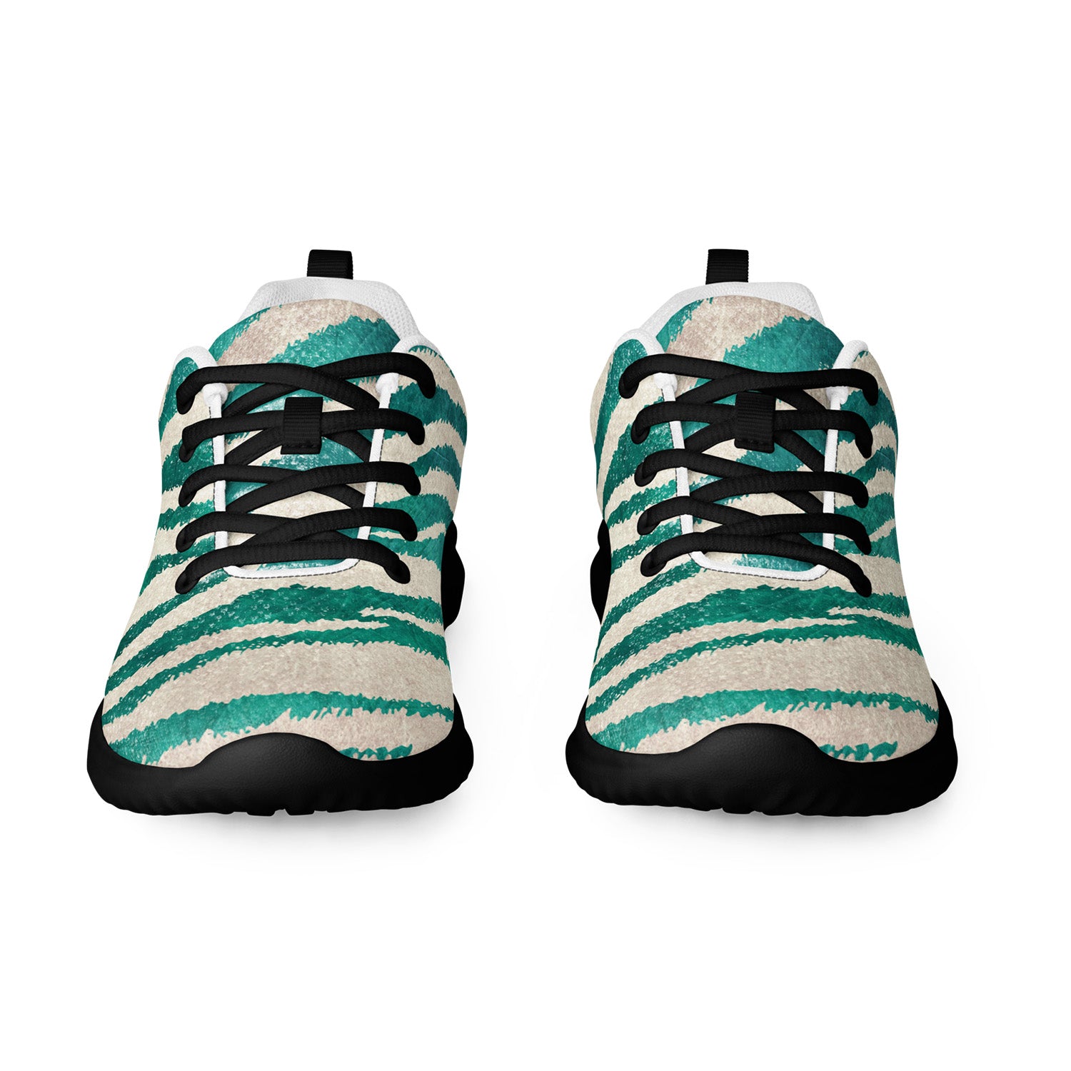Pair of sneakers with a green and beige striped pattern on a white background