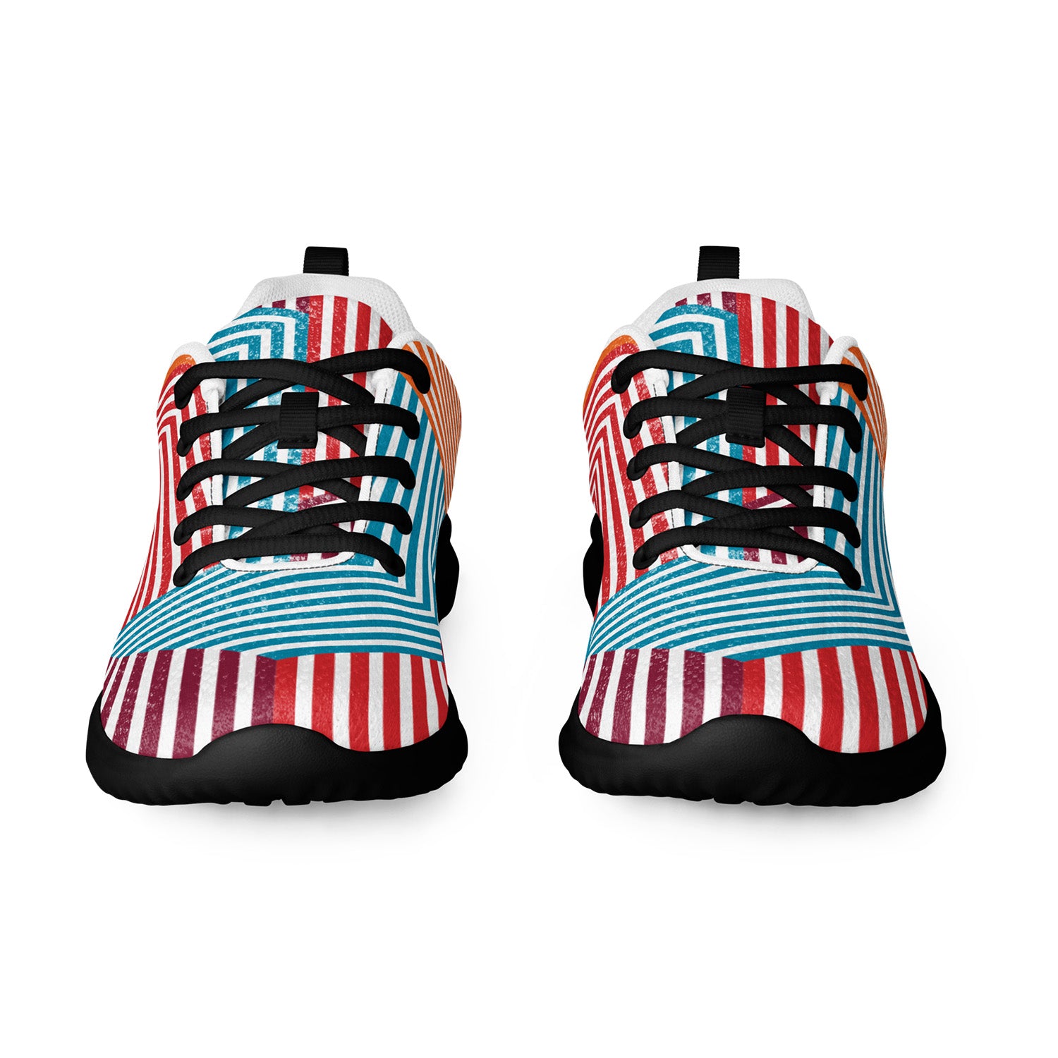 Pair of sneakers with red, white, and blue striped pattern on a white background