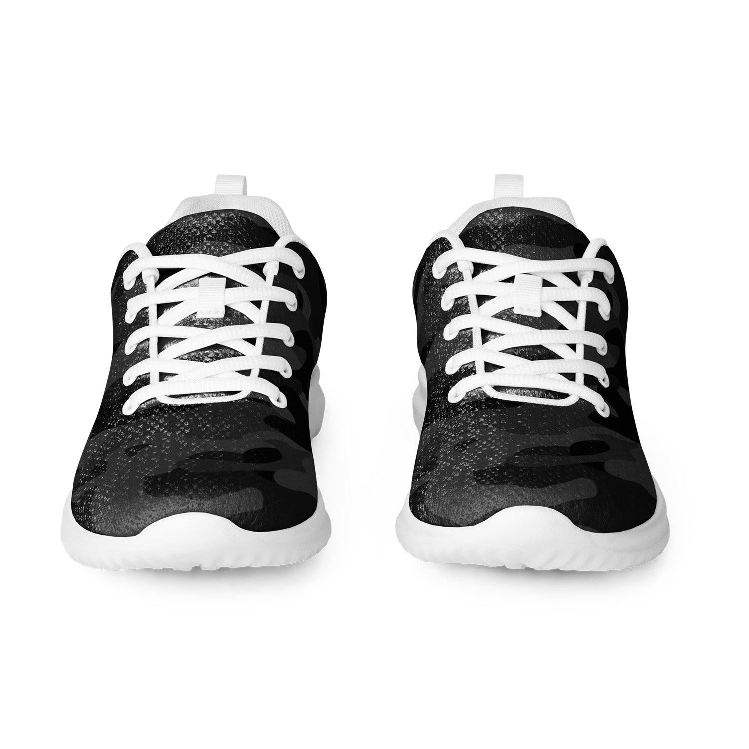 Stealth Black sneakers with white laces on a white background